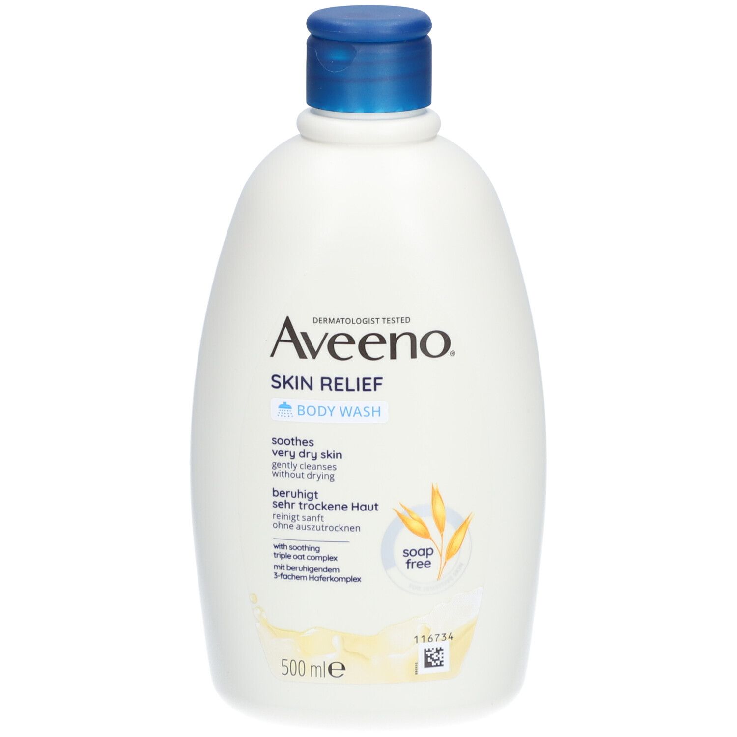 Witte Aveeno Skin Relief douchegel met blauwe dop. Opschrift: Body Wash, verzacht de zeer droge huid.