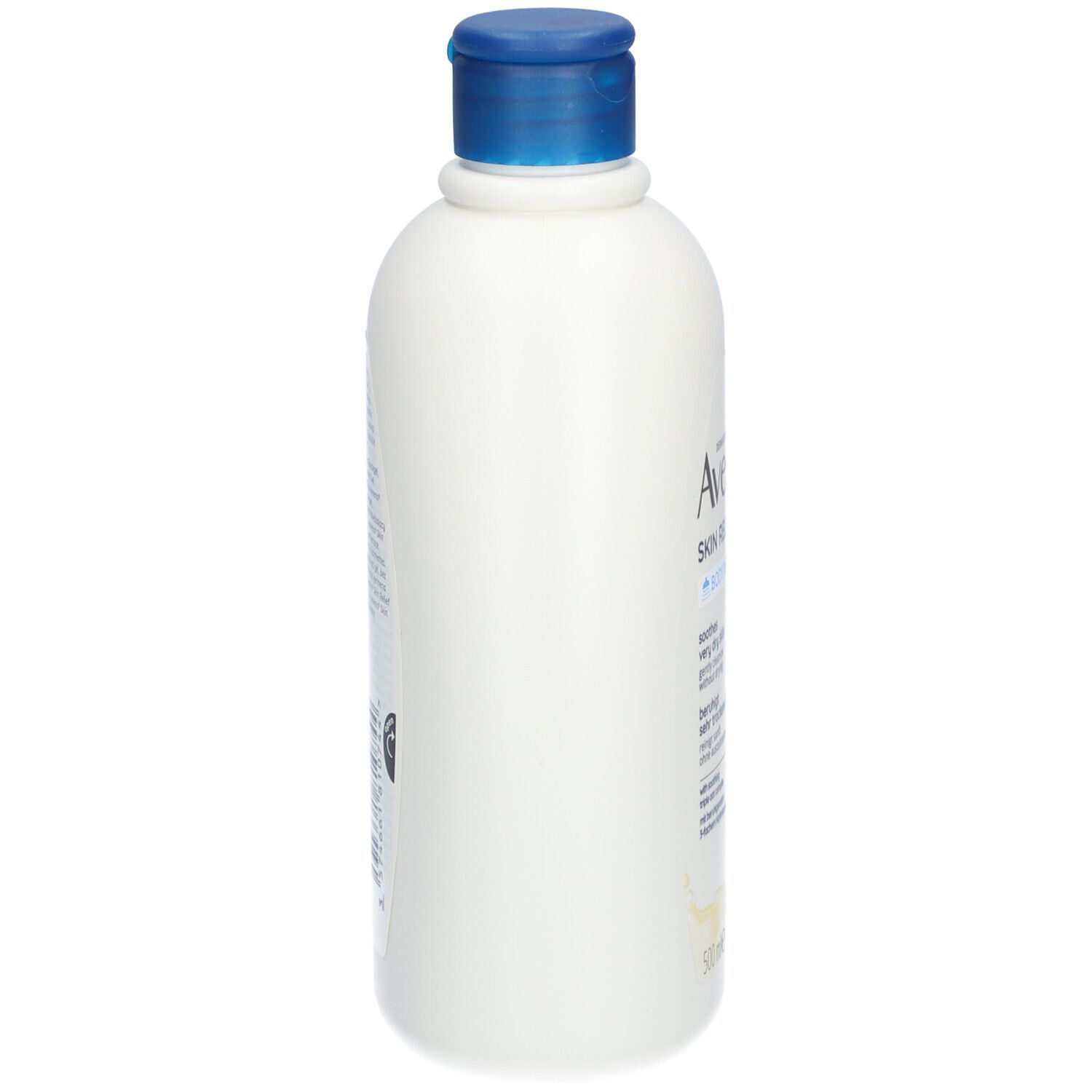 Witte fles Aveeno Skin Relief douchegel met blauwe dop. Zijaanzicht met productinformatie.