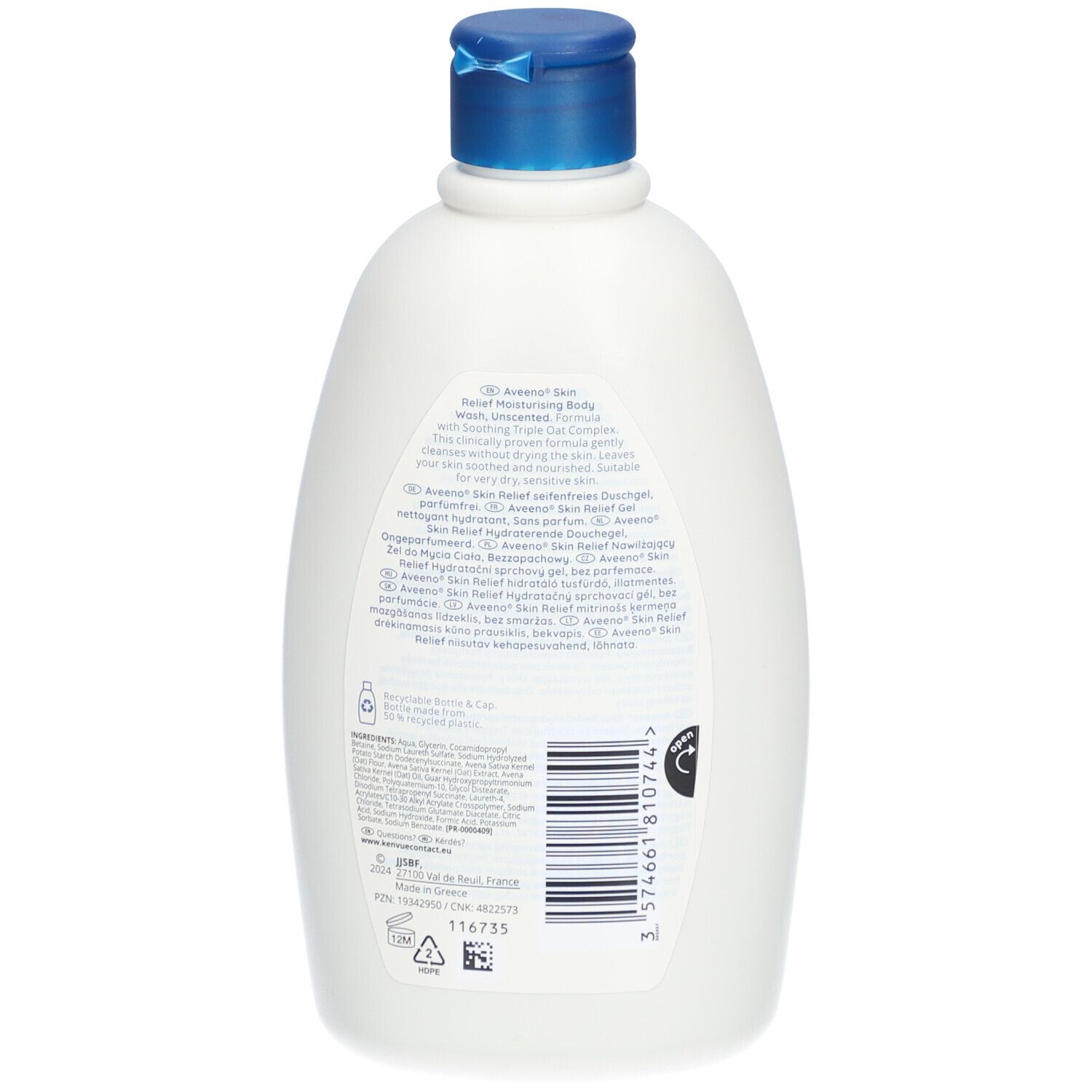 Achterkant van de witte fles Aveeno Skin Relief douchegel met blauwe dop. Productinformatie en barcode.