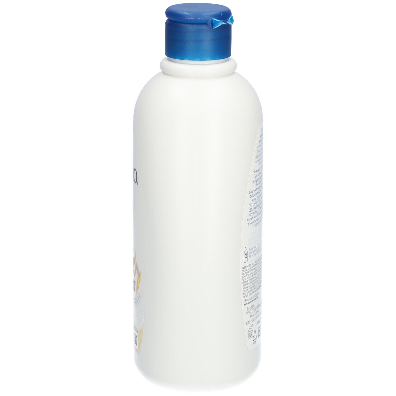 Witte fles Aveeno Skin Relief douchegel met blauwe dop. Zijaanzicht met productinformatie.