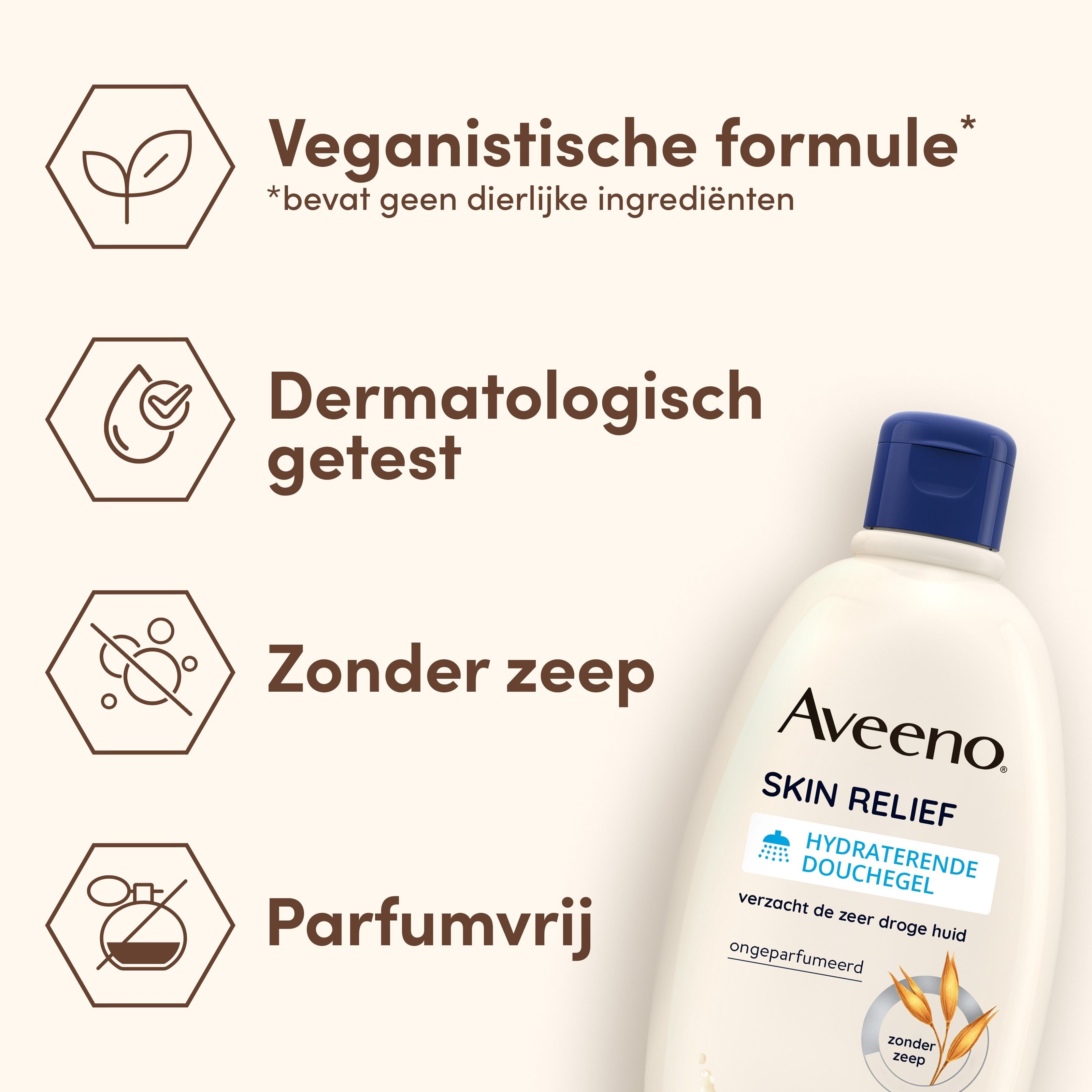 Aveeno Skin Relief douchegel met blauwe dop. Tekst: Veganistische formule, Dermatologisch getest.