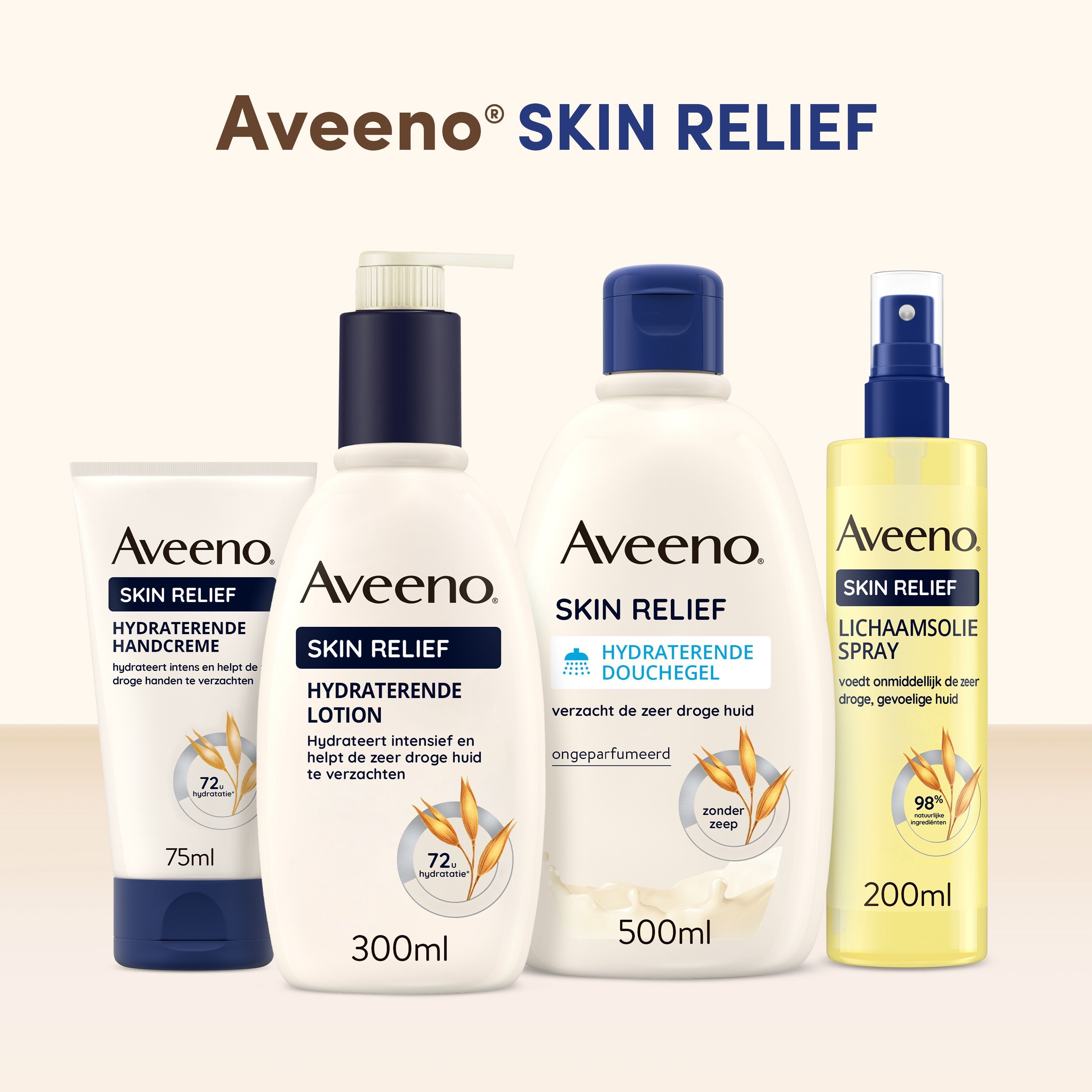 Verschillende Aveeno Skin Relief producten: crème, lotion, douchegel, bodyspray. Alle met 72 of 98 %.
