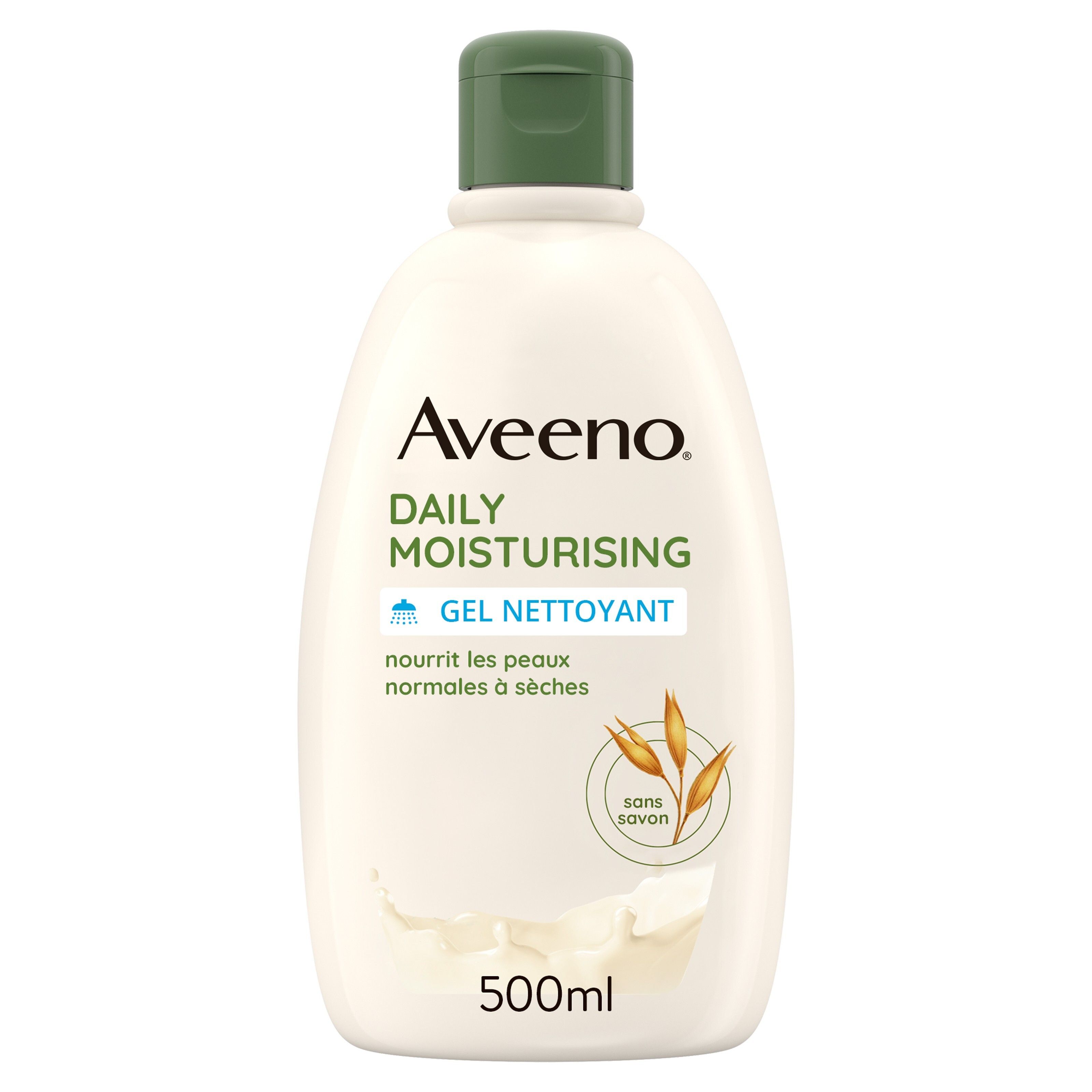 Flacon blanc Aveeno Daily Moisturising Gel Nettoyant. Bouchon vert. Inscription et symbole d'avoine.