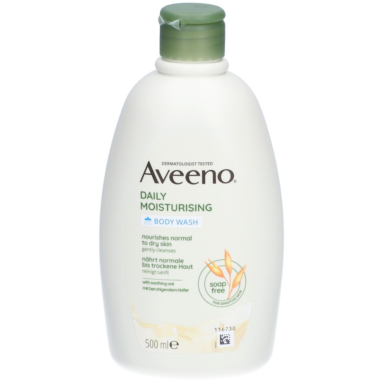 Flacon blanc Aveeno Daily Moisturising Body Wash. Bouchon vert. Inscription et symbole d'avoine.