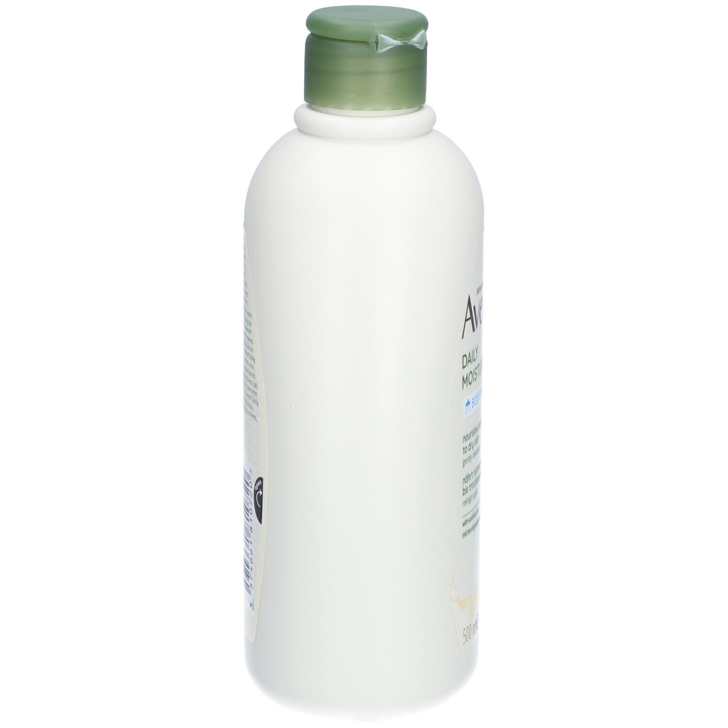 Flacon blanc Aveeno Daily Moisturising Body Wash. Bouchon vert. Vue latérale.