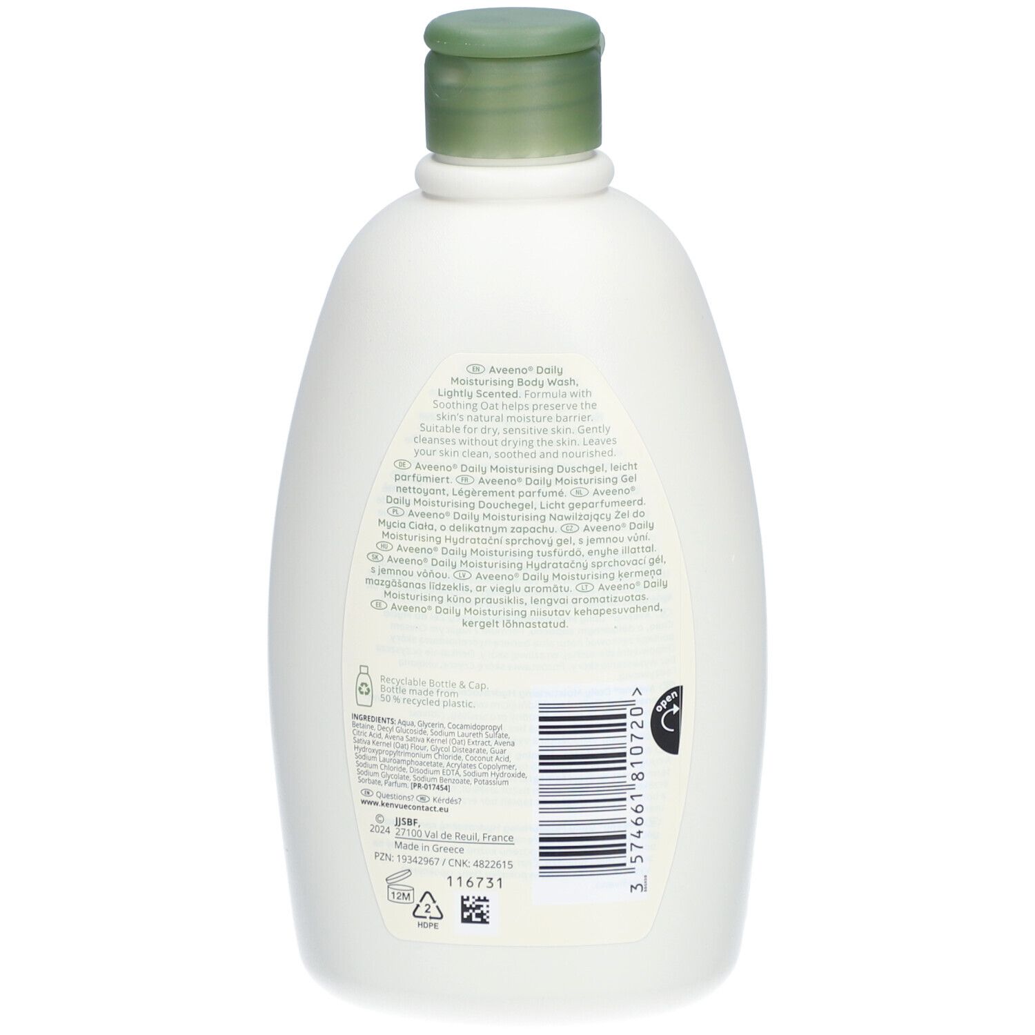Dos du flacon blanc Aveeno Daily Moisturising Body Wash. Texte et code-barres.