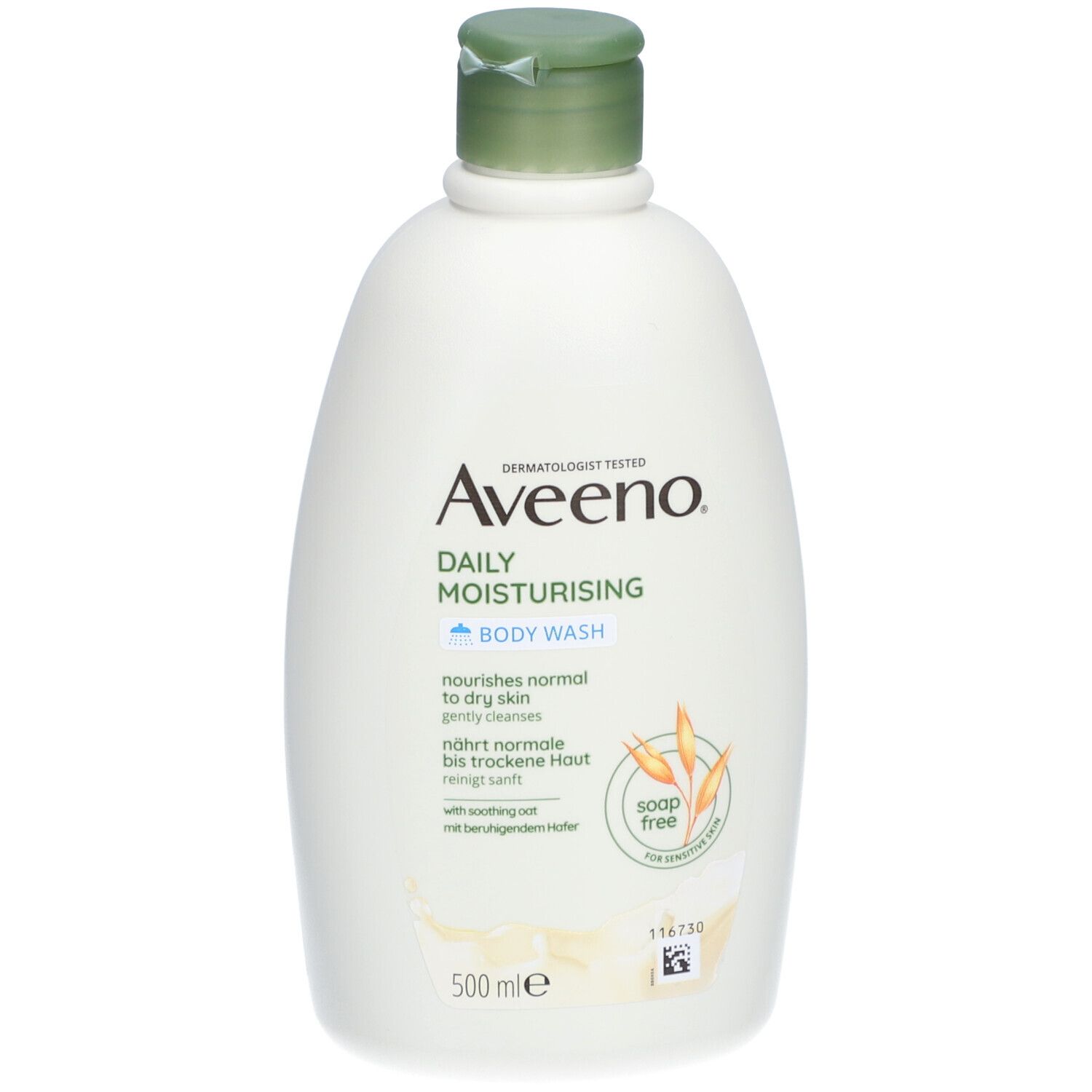 Flacon blanc Aveeno Daily Moisturising Body Wash. Bouchon vert. Inscription et symbole d'avoine.