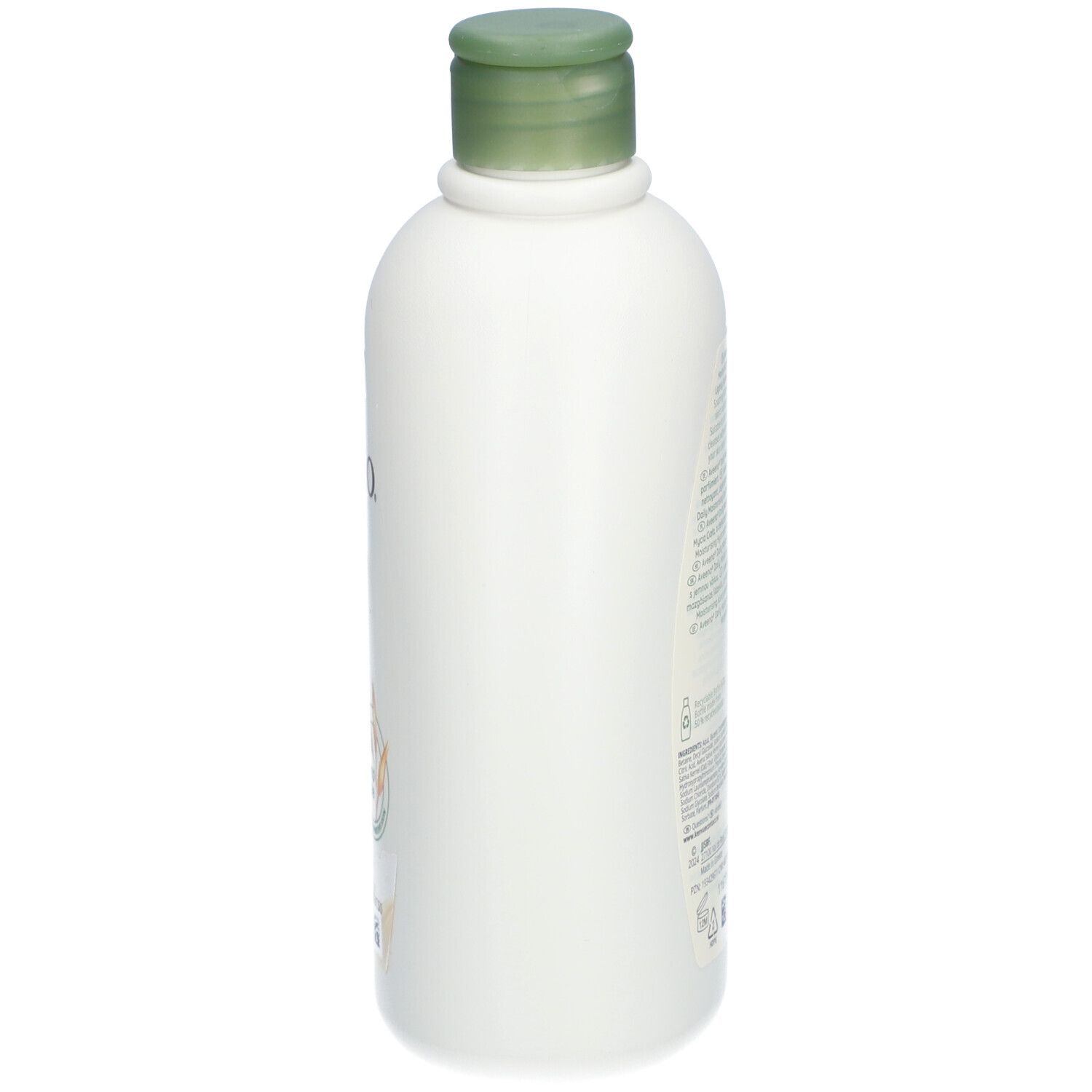 Flacon blanc Aveeno Daily Moisturising Body Wash. Bouchon vert. Vue latérale.