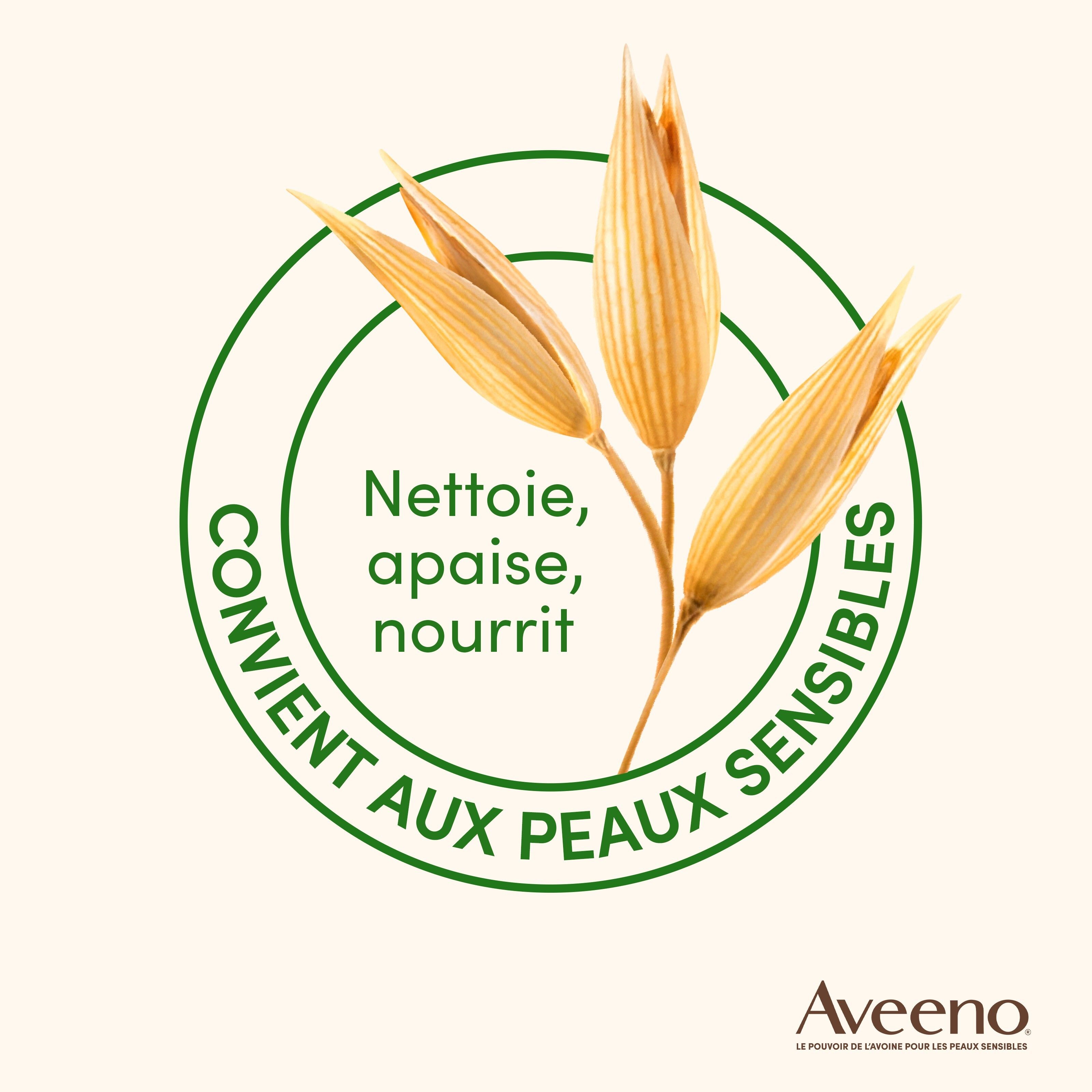 Symbole d'avoine dans un cercle vert. Texte: Nettoie, apaise, nourrit. Convient aux peaux sensibles.