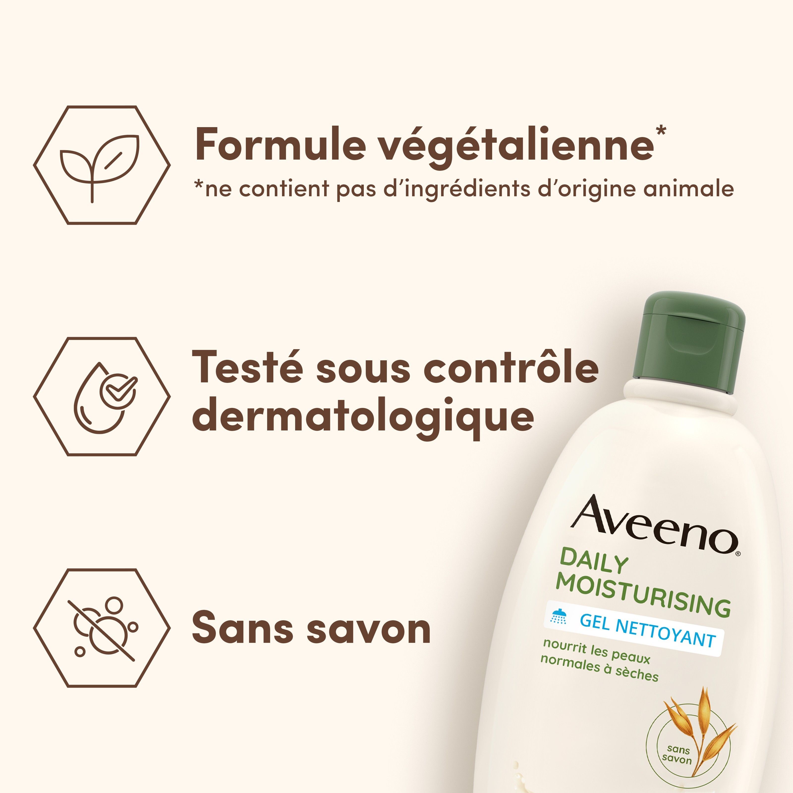Texte: Formule végétalienne, testé dermatologiquement, sans savon. Flacon Aveeno.