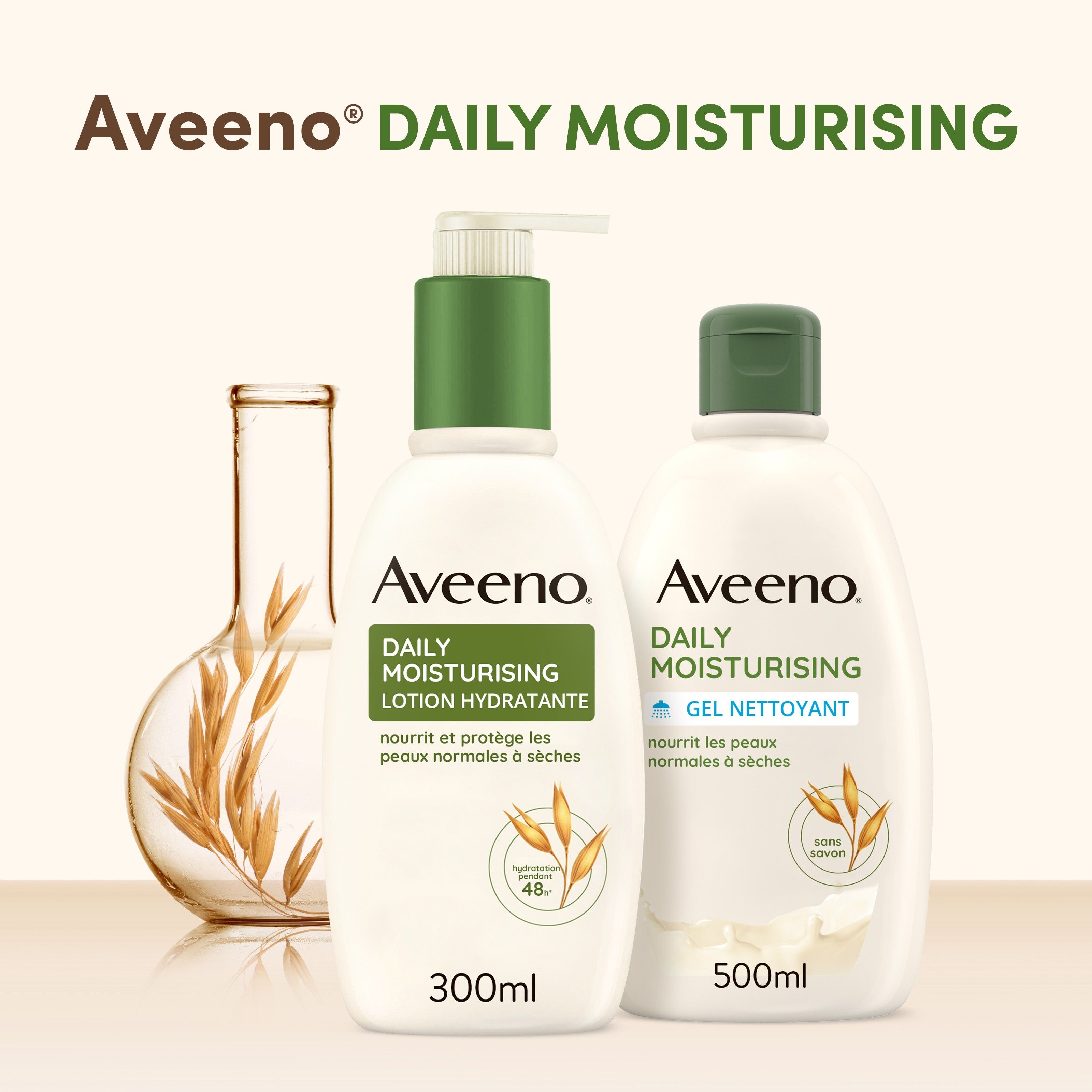 Aveeno Daily Moisturising Lotion et Gel Nettoyant. Texte: Nourrit et protège les peaux normales à sèches.