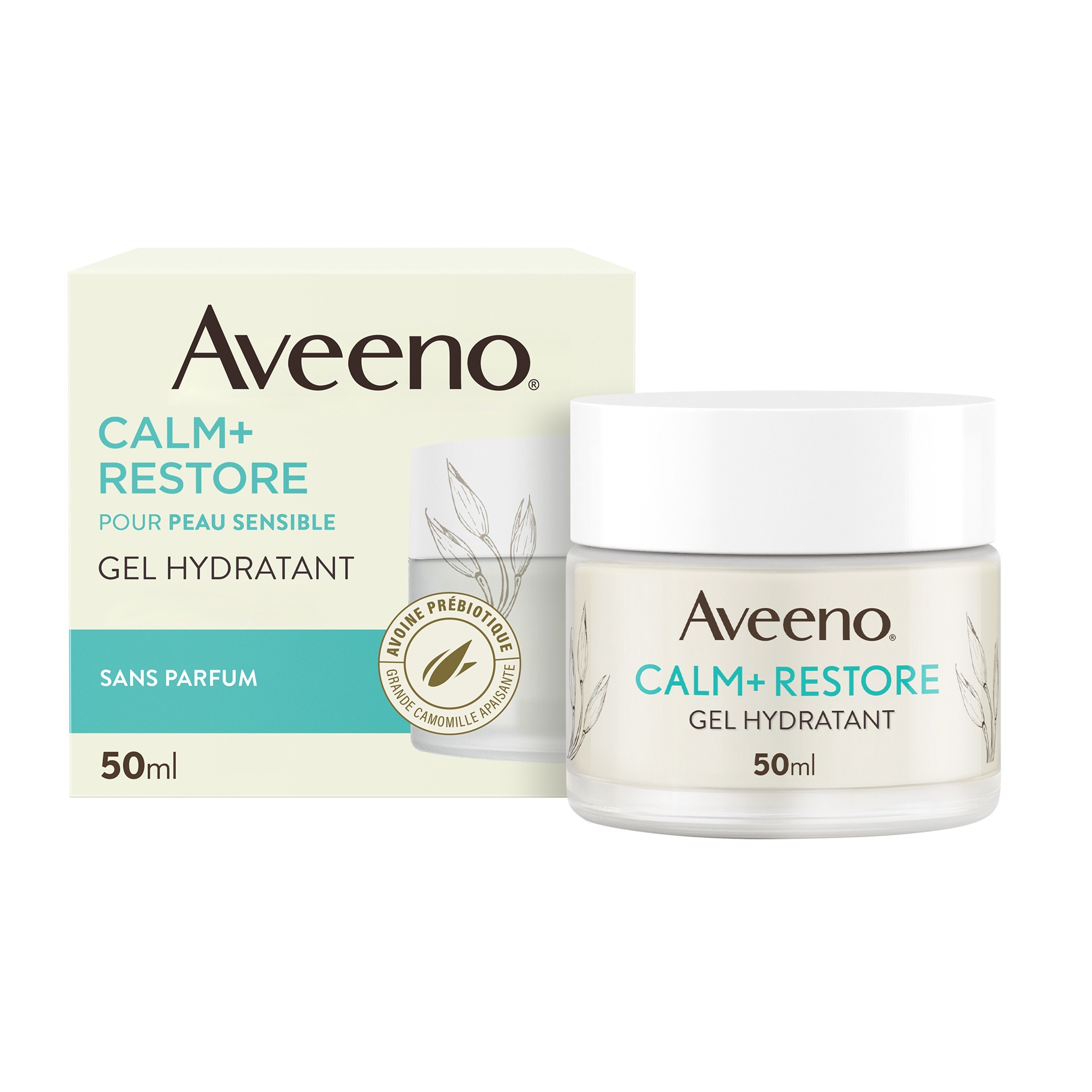 Aveeno CALM+RESTORE Gel Hydratant. Emballage et pot. Inscription, décor floral et 50ml.