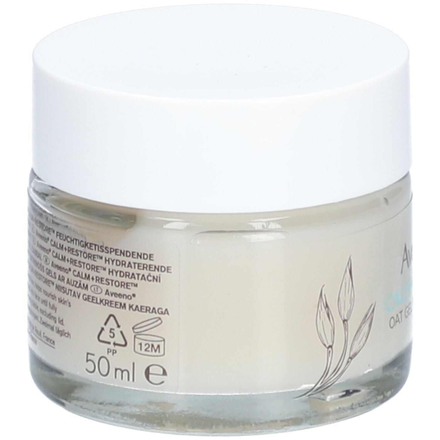 Pot de crème Aveeno CALM+RESTORE. Inscription, décor floral et 50ml. Couvercle blanc.