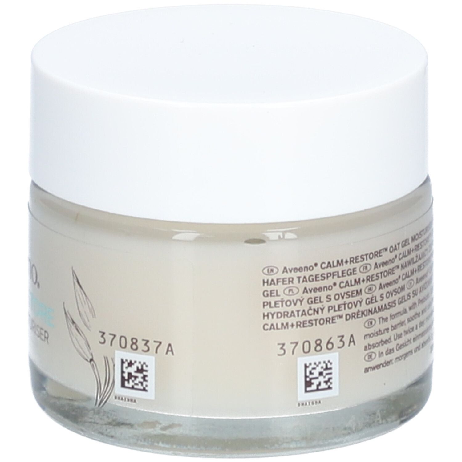 Pot de crème Aveeno CALM+RESTORE. Inscription, décor floral et 50ml. Couvercle blanc.