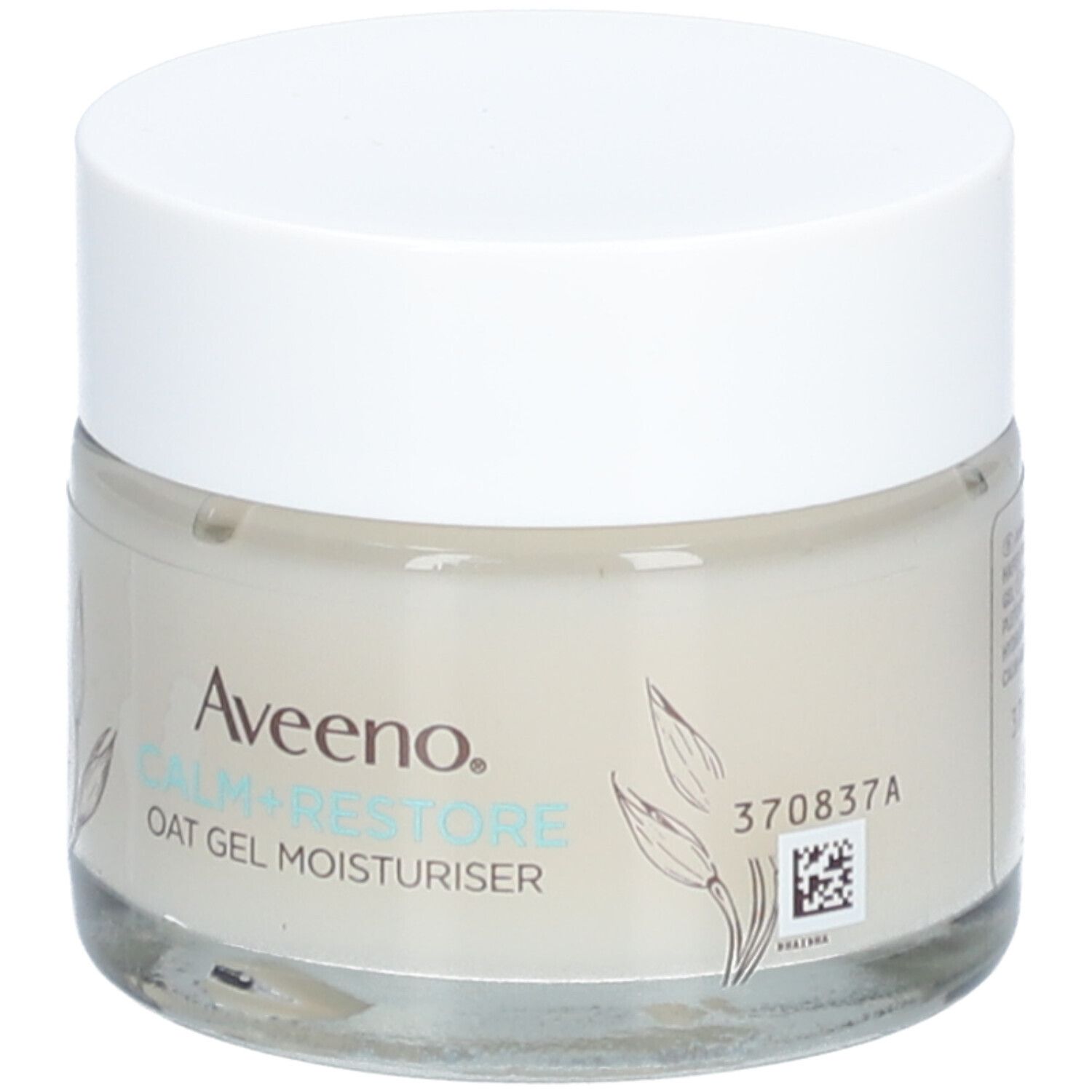Pot de crème Aveeno CALM+RESTORE. Inscription, décor floral et 50ml. Couvercle blanc.