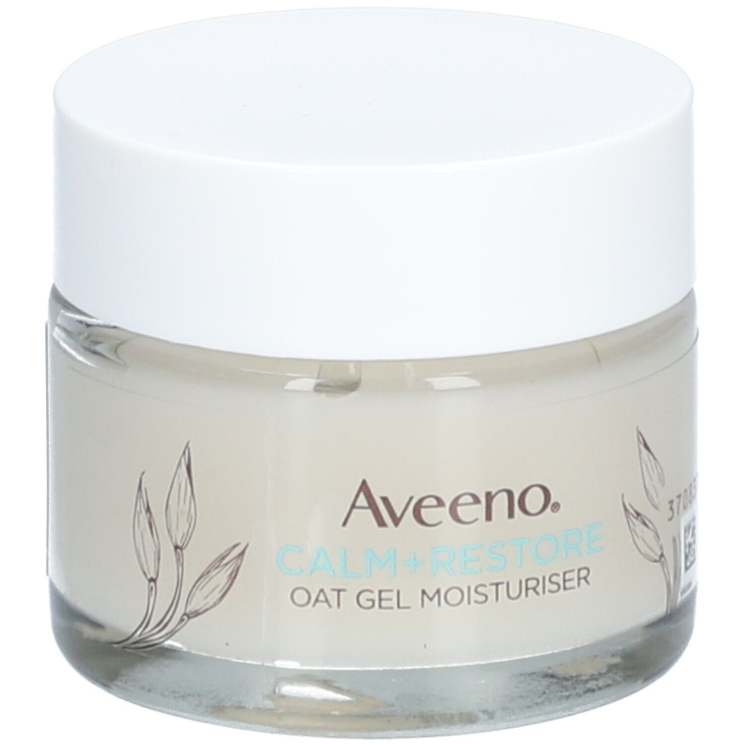 Pot de crème Aveeno CALM+RESTORE. Inscription, décor floral et 50ml. Couvercle blanc.