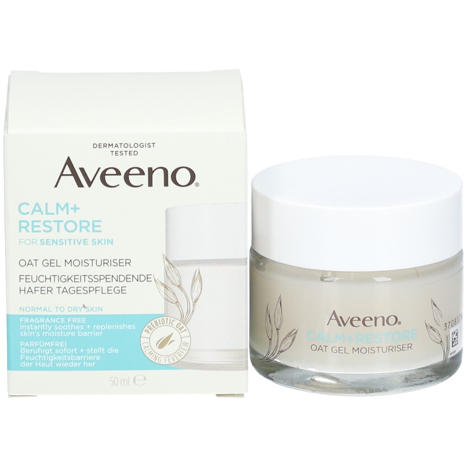 Pot de crème Aveeno CALM+RESTORE et emballage. Inscription, décor floral et 50ml.