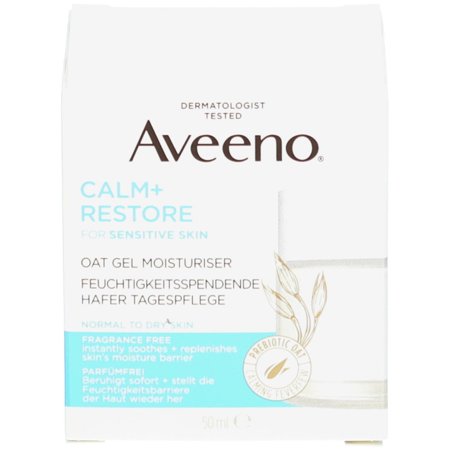 Pot de crème Aveeno CALM+RESTORE et emballage. Inscription, décor floral et 50ml.