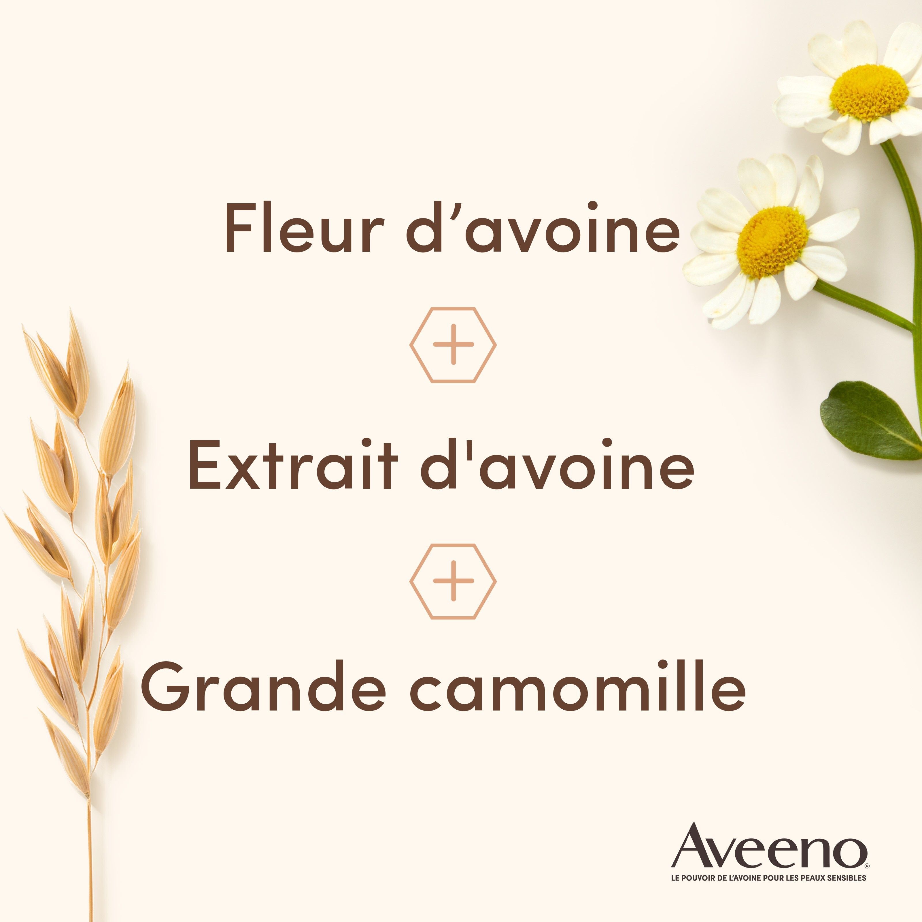 Ingrédients : Fleur d'avoine, extrait d'avoine et camomille. Logo Aveeno.