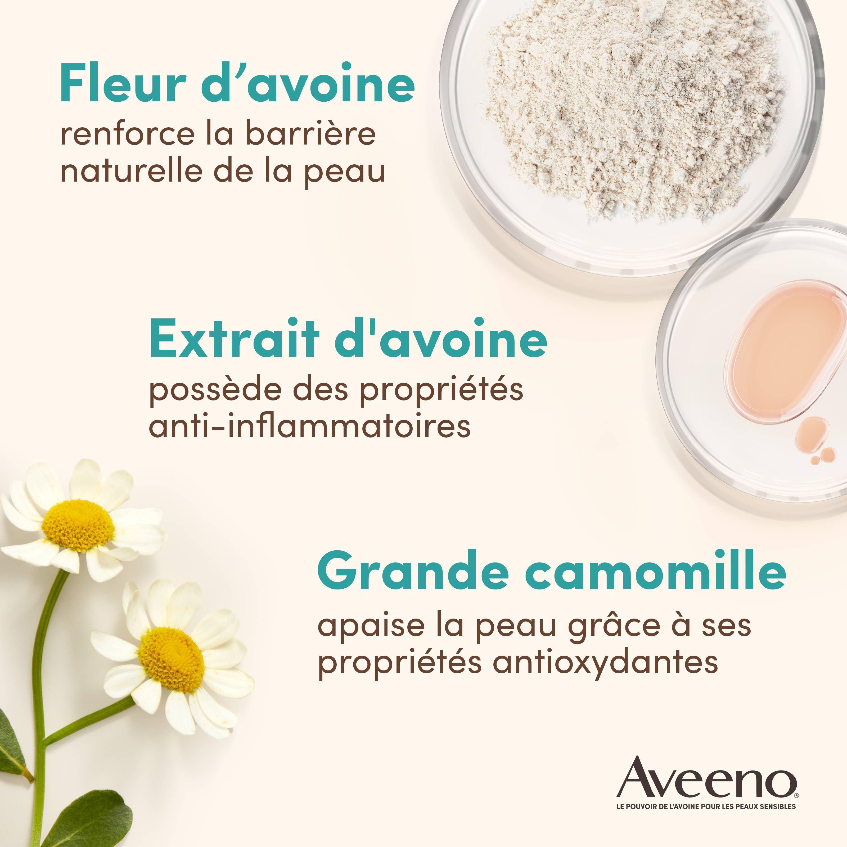 Ingrédients : Fleur d'avoine, extrait d'avoine et camomille. Logo Aveeno.