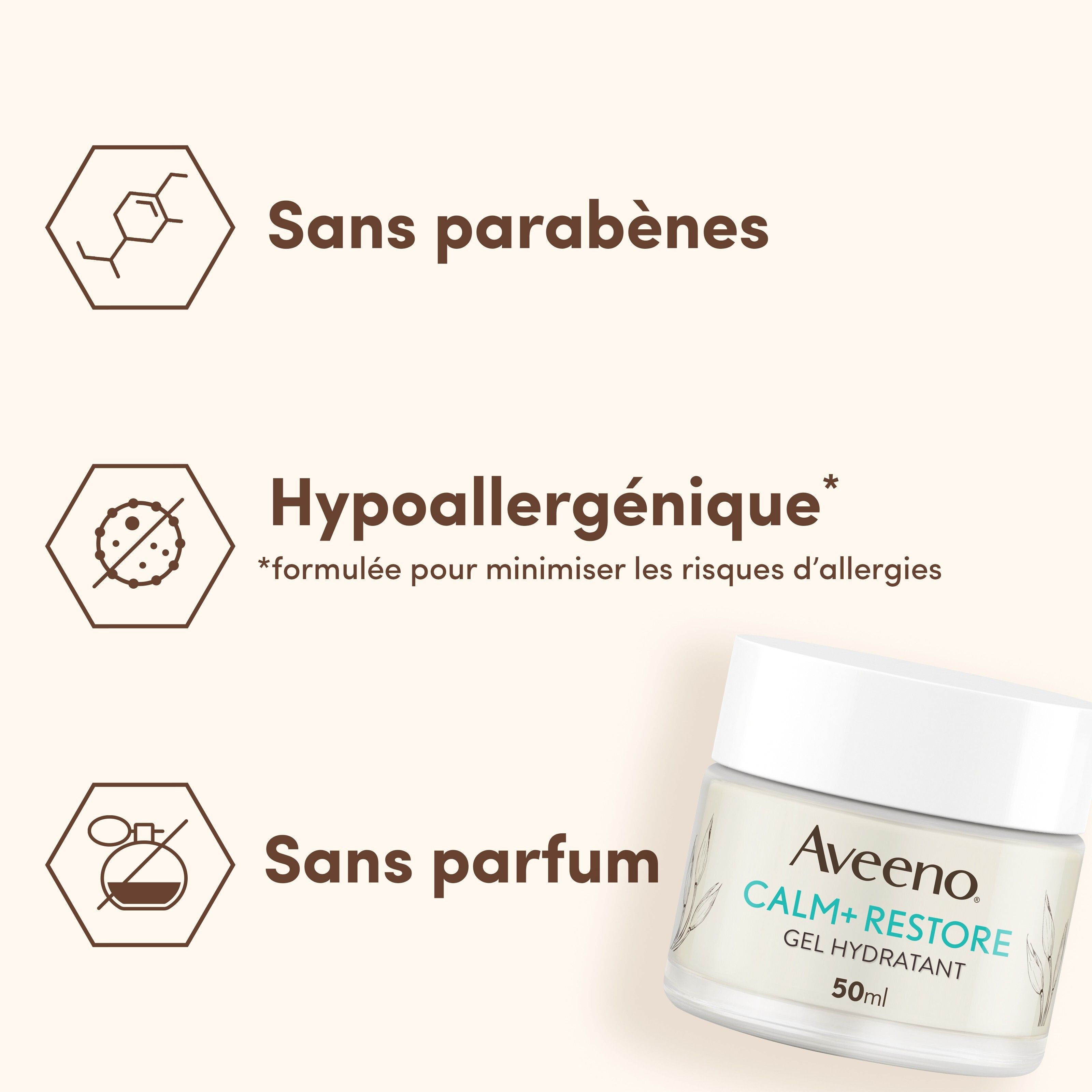 Aveeno CALM+RESTORE Gel Hydratant. 50ml. Sans parabènes, hypoallergénique, sans parfum.
