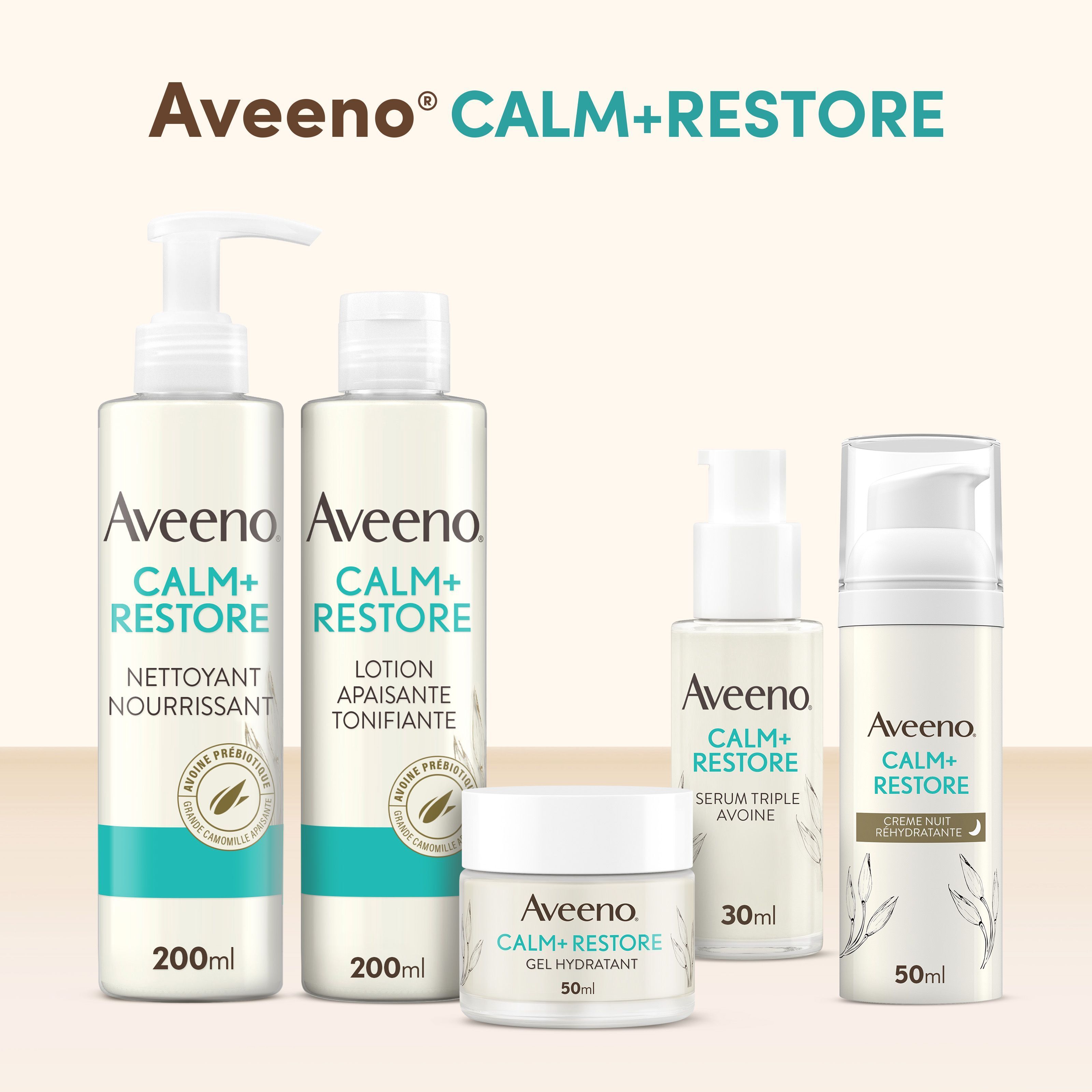 Gamme de produits Aveeno CALM+RESTORE. Nettoyant, tonique, sérum, crème et gel hydratant.