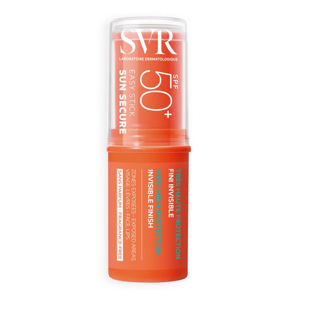Stick SVR Easy Stick SPF50+ orange avec couvercle transparent. Informations produit visibles.