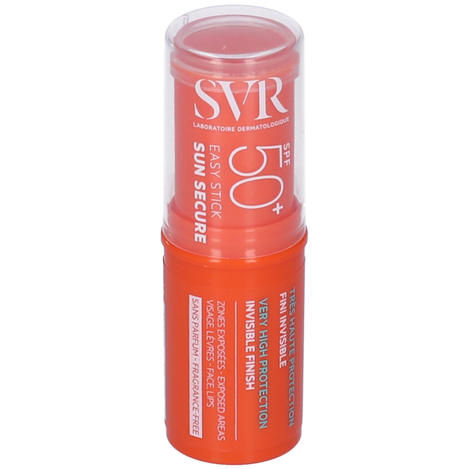 Stick SVR Easy Stick SPF50+ orange avec couvercle transparent. Informations produit visibles.
