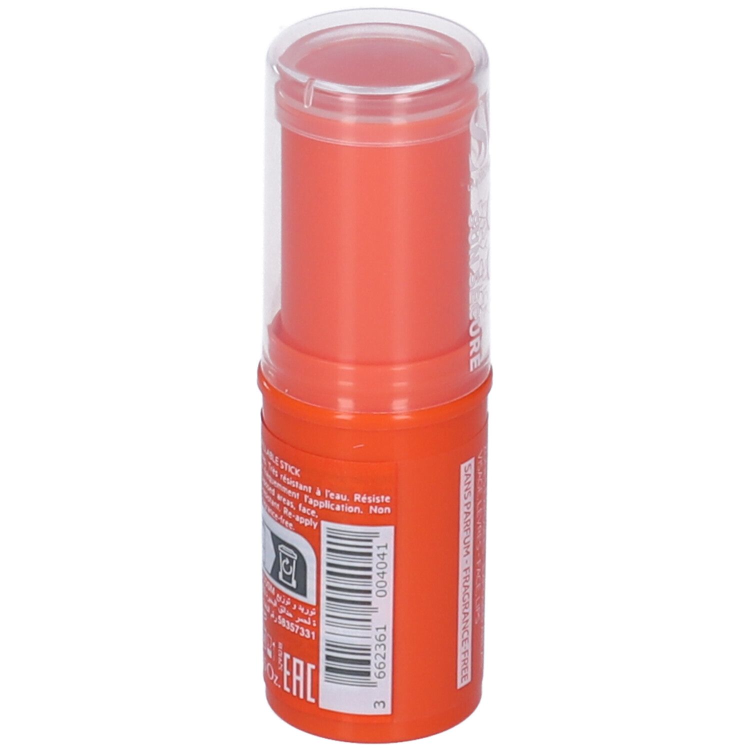 Dos du SVR Easy Stick SPF50+ orange. Code-barres et informations produit visibles.
