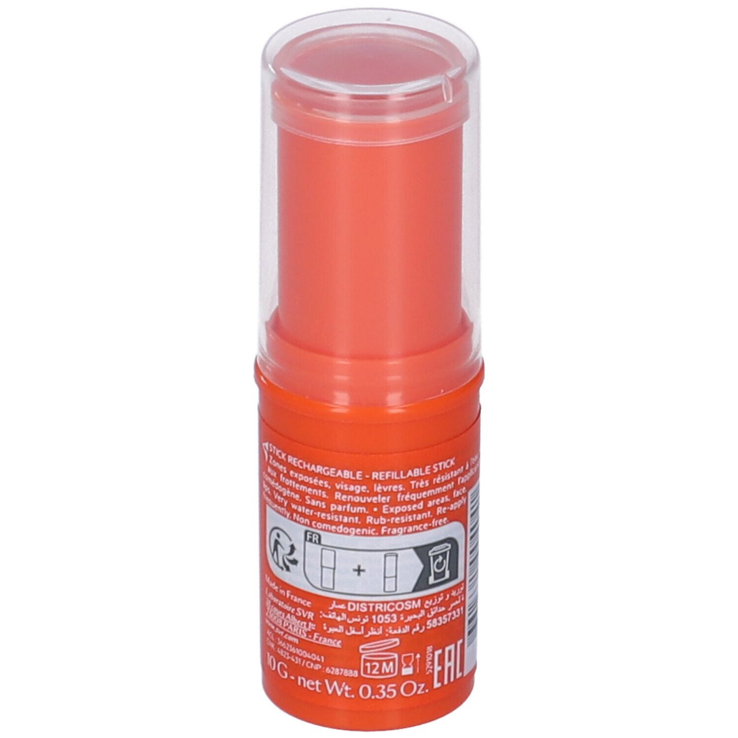SVR Easy Stick SPF50+ orange. Informations produit et date de péremption visibles.