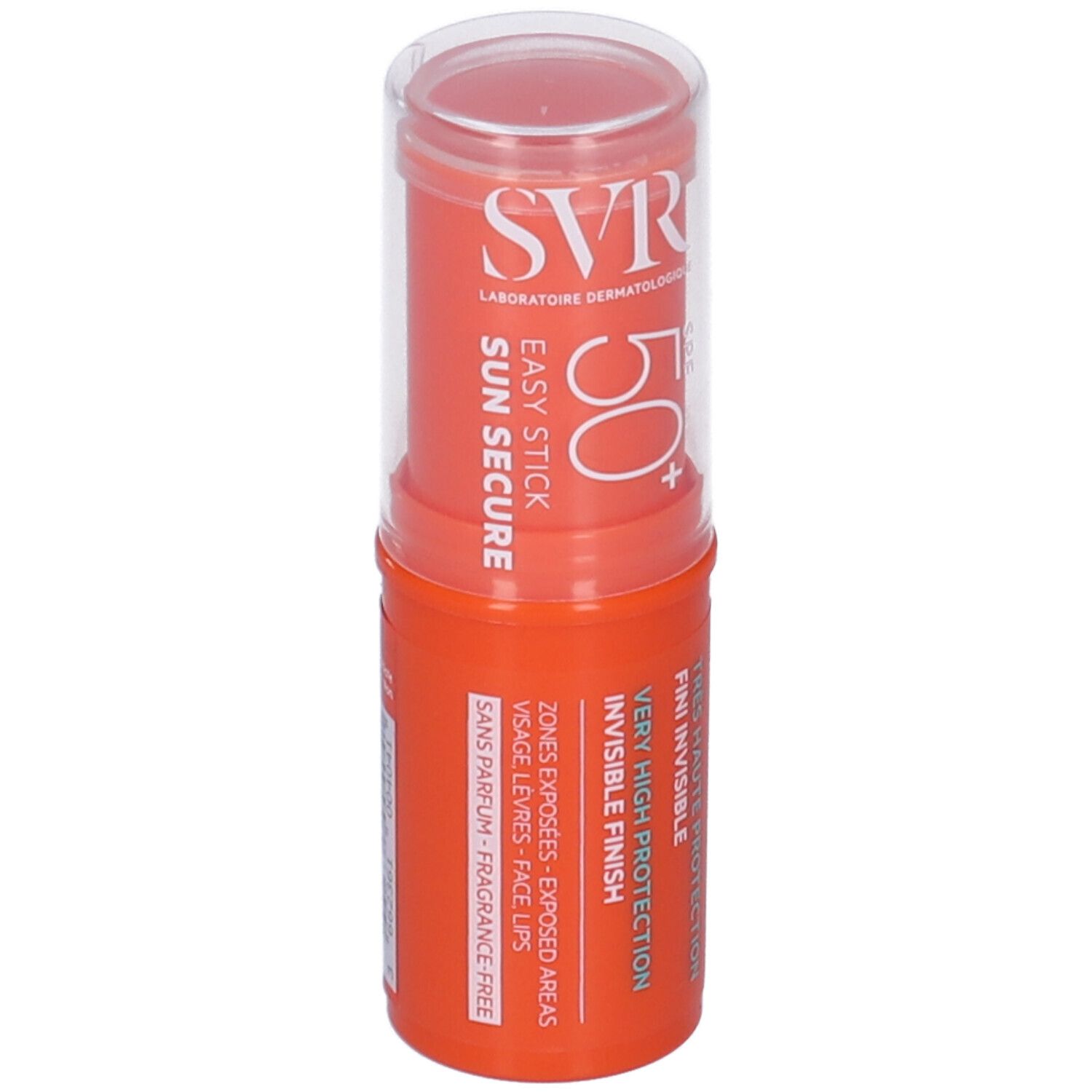Stick SVR Easy Stick SPF50+ orange avec couvercle transparent. Informations produit visibles.
