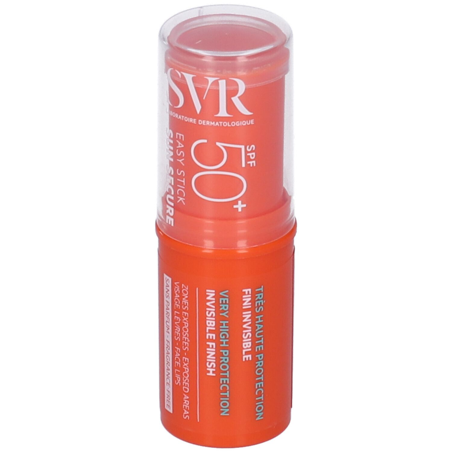 Stick SVR Easy Stick SPF50+ orange avec couvercle transparent. Informations produit visibles.