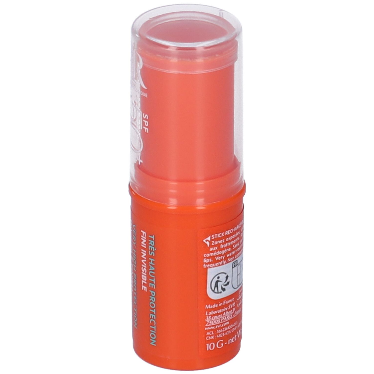 Stick SVR Easy Stick SPF50+ orange avec couvercle transparent. Informations produit visibles.