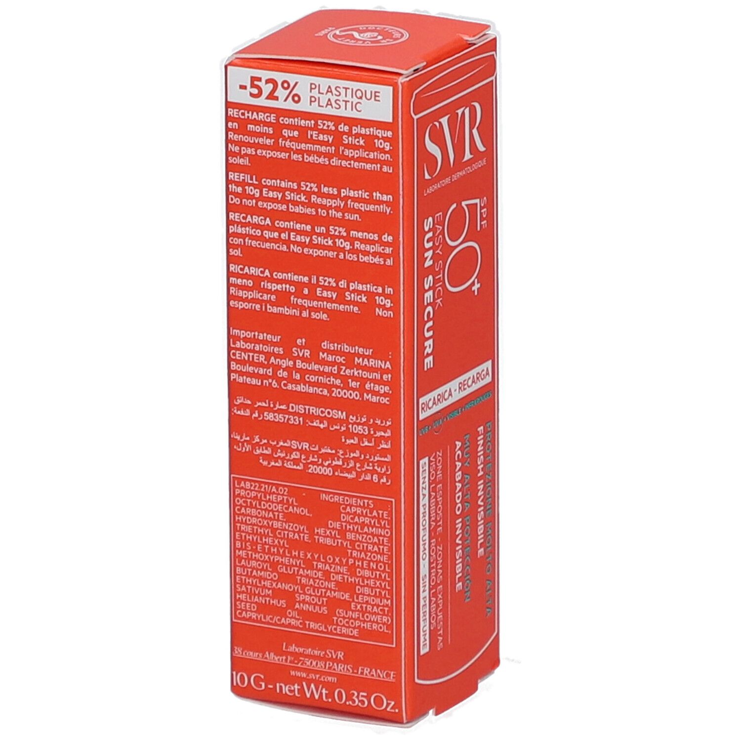 Rote Verpackung SVR Easy Stick SPF50+ Nachfüllen. Text: -52% Plastik. Inhaltsstoffe, 10g, 0.35 Oz. Informationen in mehreren Sprachen.