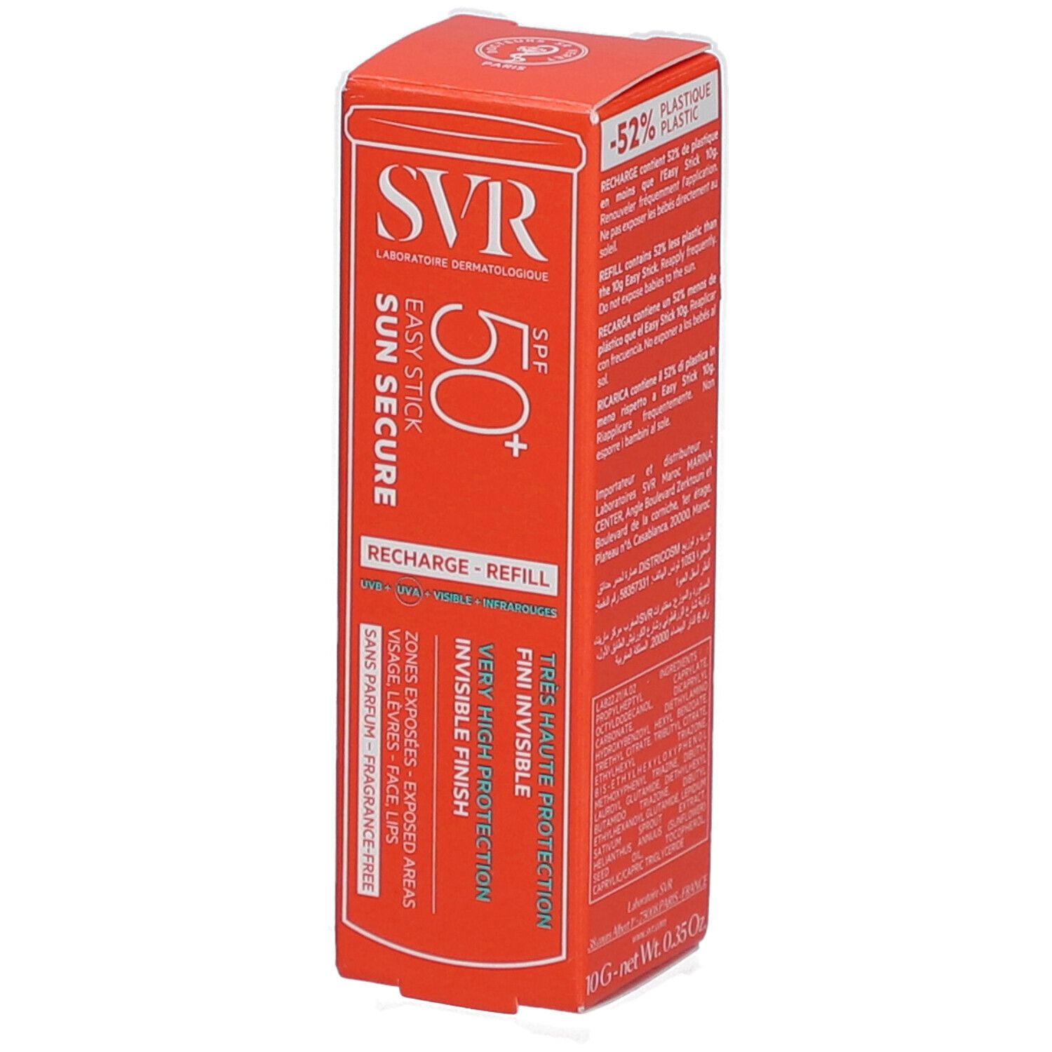 Rote Verpackung SVR Easy Stick SPF50+ Nachfüllen. Text: -52% Plastik. Sehr hoher Schutz, unsichtbares Finish, Nachfüllen.