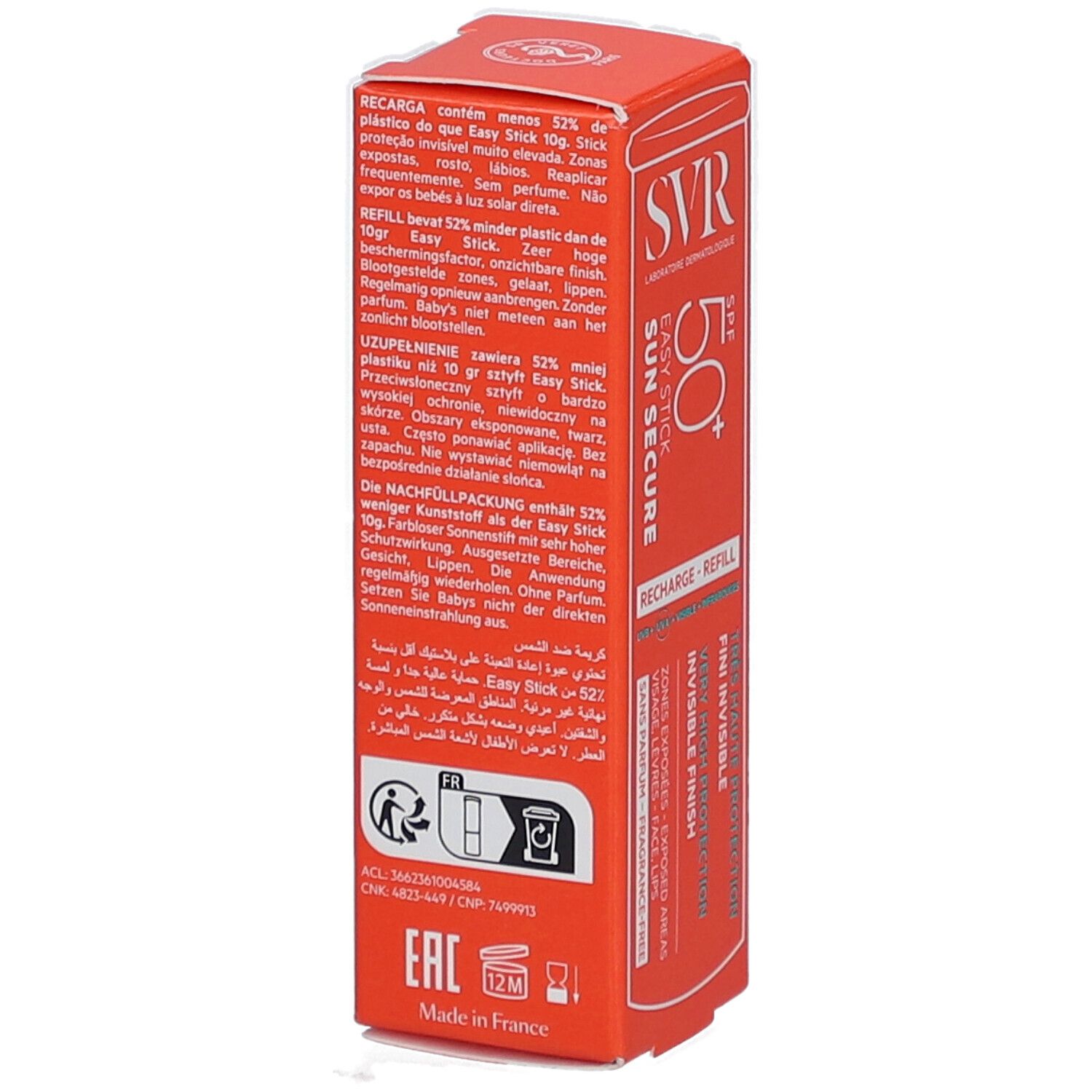 Rote Verpackung SVR Easy Stick SPF50+ Nachfüllen. Text in mehreren Sprachen. Informationen zur Nachfüllpackung und Inhaltsstoffen.