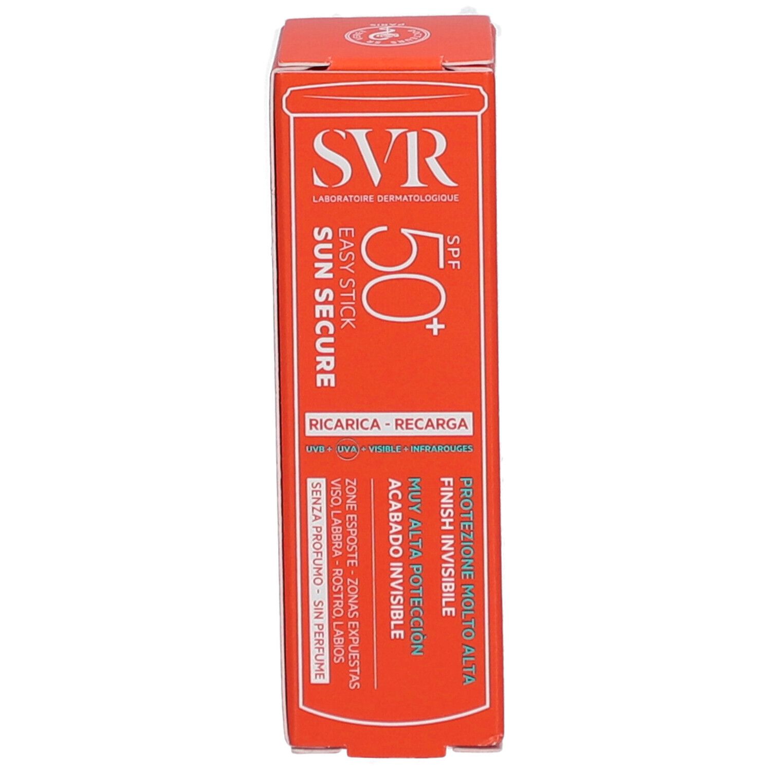 Rote Verpackung SVR Easy Stick SPF50+ Nachfüllen. Text: SPF50+, Ricari-Recarga. Zone esposte, senza profumo, molto alta protezione.
