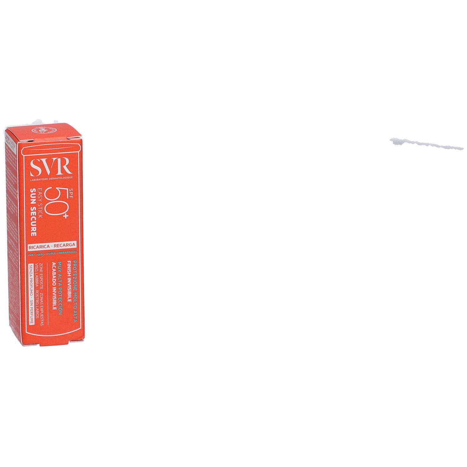 SVR Easy Stick SPF50+ Nachfüllen. Rote Verpackung, Produktinformationen. Marke und Produktname sichtbar.
