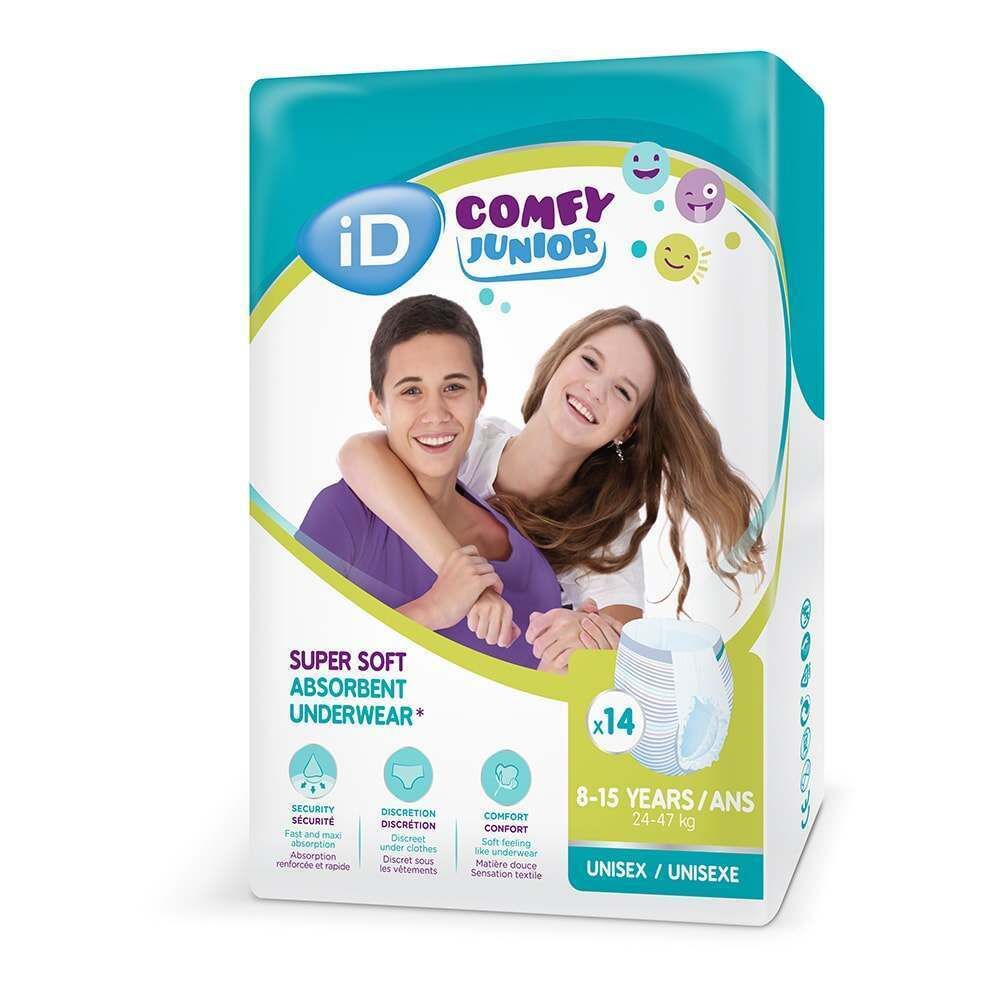 Emballage iD Comfy Junior Pants. Inscription : 14 pièces, 8-15 ans, unisexe. Image de deux jeunes.