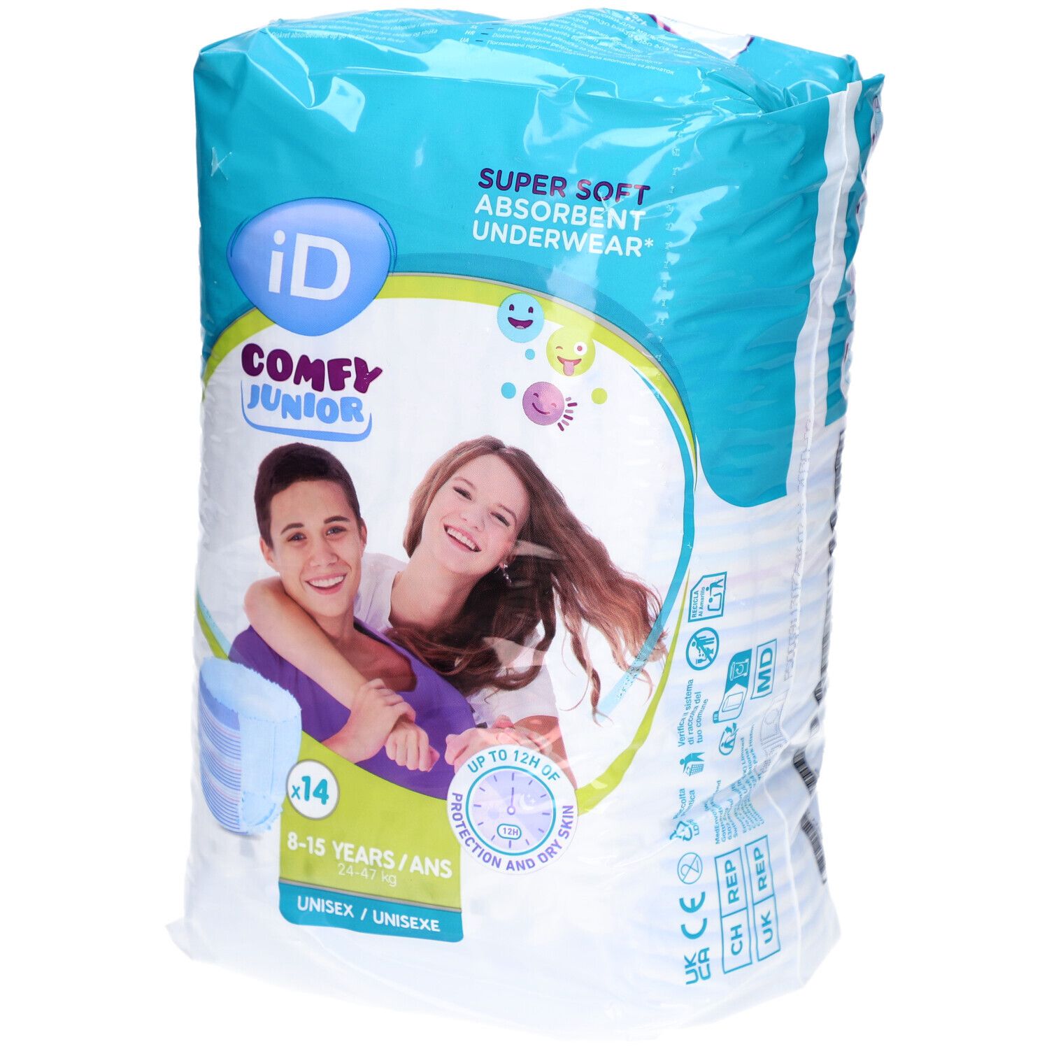 Paquet de couches culottes iD Comfy Junior. Inscription : 14 pièces, 8-15 ans, unisexe. Image de deux jeunes sur l'emballage.