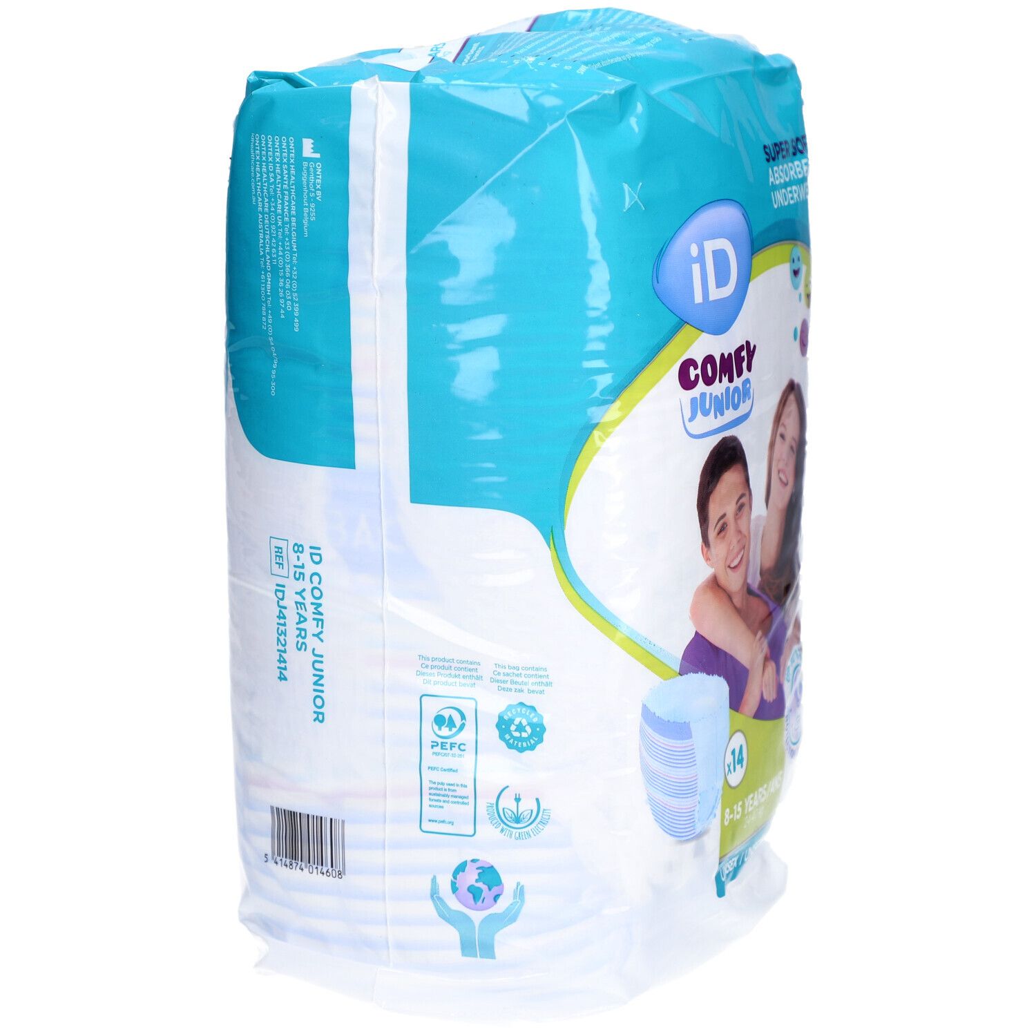 Paquet iD Comfy Junior Pants. Inscription : L, 8-15 ans. Vue arrière du paquet. Certification PEFC.