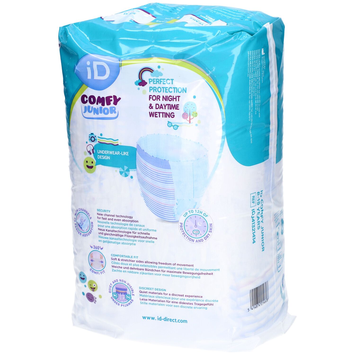 Paquet iD Comfy Junior Pants. Inscription : Perfect Protection, pour jour & nuit. Design de sous-vêtements. Informations produit.