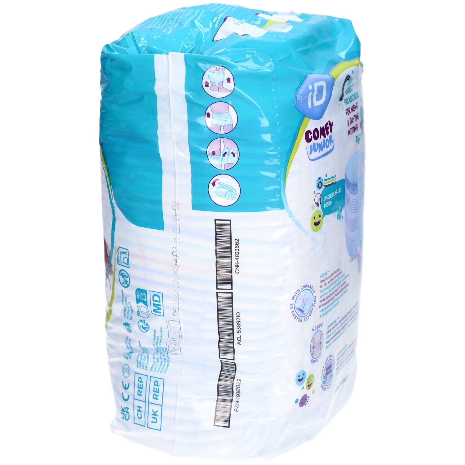 Paquet iD Comfy Junior Pants. Inscription : iD Comfy Junior. Vue latérale. Code-barres et informations produit.