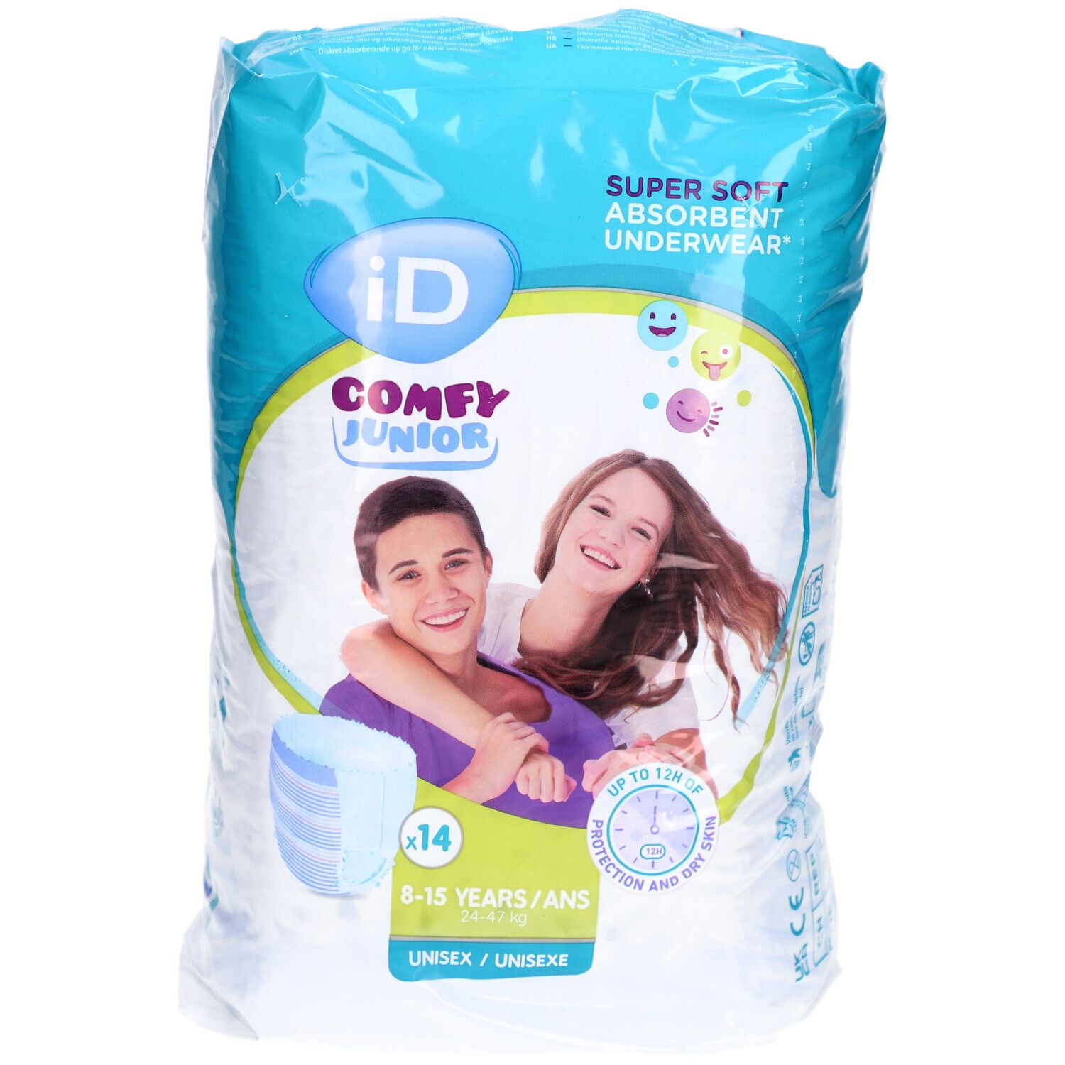 Paquet iD Comfy Junior Pants. Inscription : 14 pièces, 8-15 ans, unisexe. Image de deux jeunes.