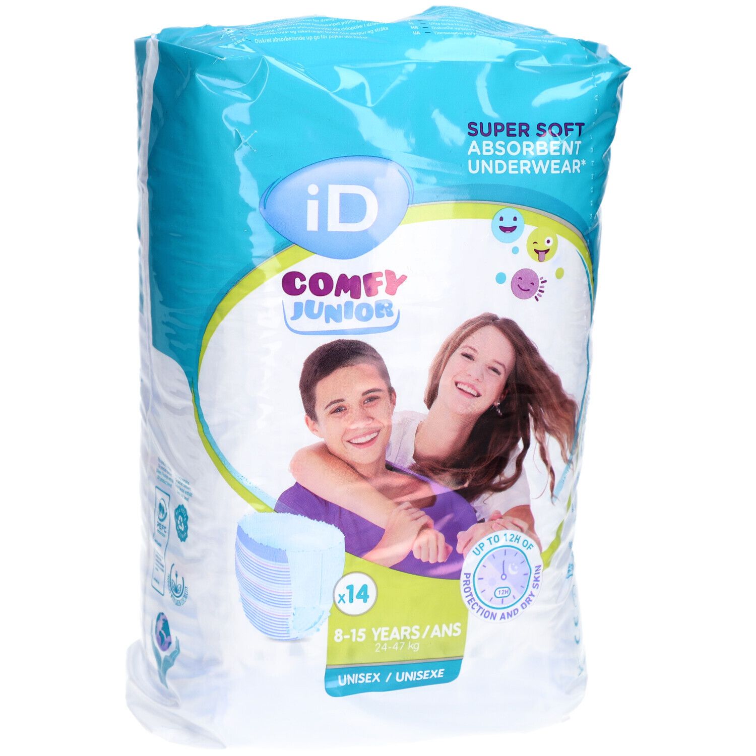 Paquet iD Comfy Junior Pants. Inscription : 14 pièces, 8-15 ans, unisexe. Image de deux jeunes.