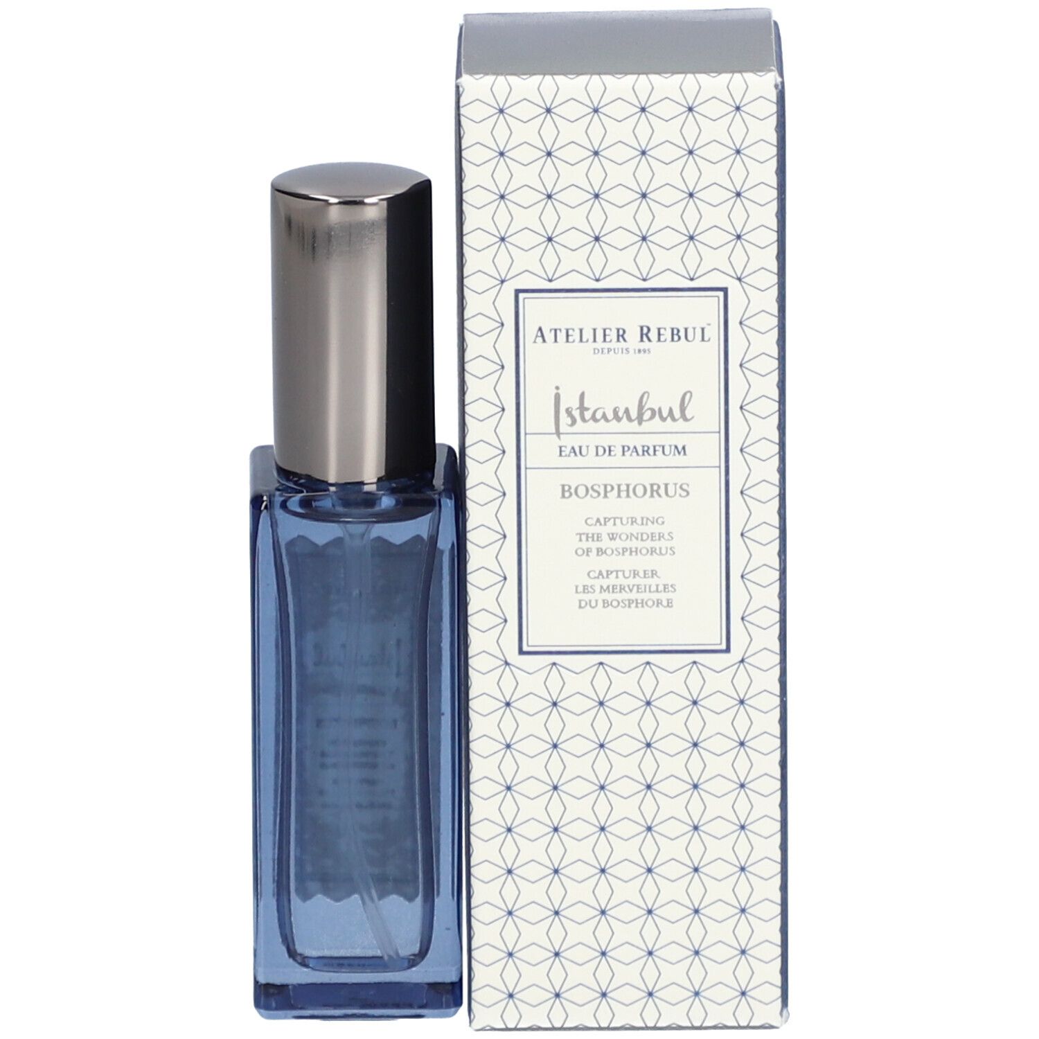 Blauw parfumflesje met zilveren dop en verpakking. Opschrift: Istanbul Bosphorus.