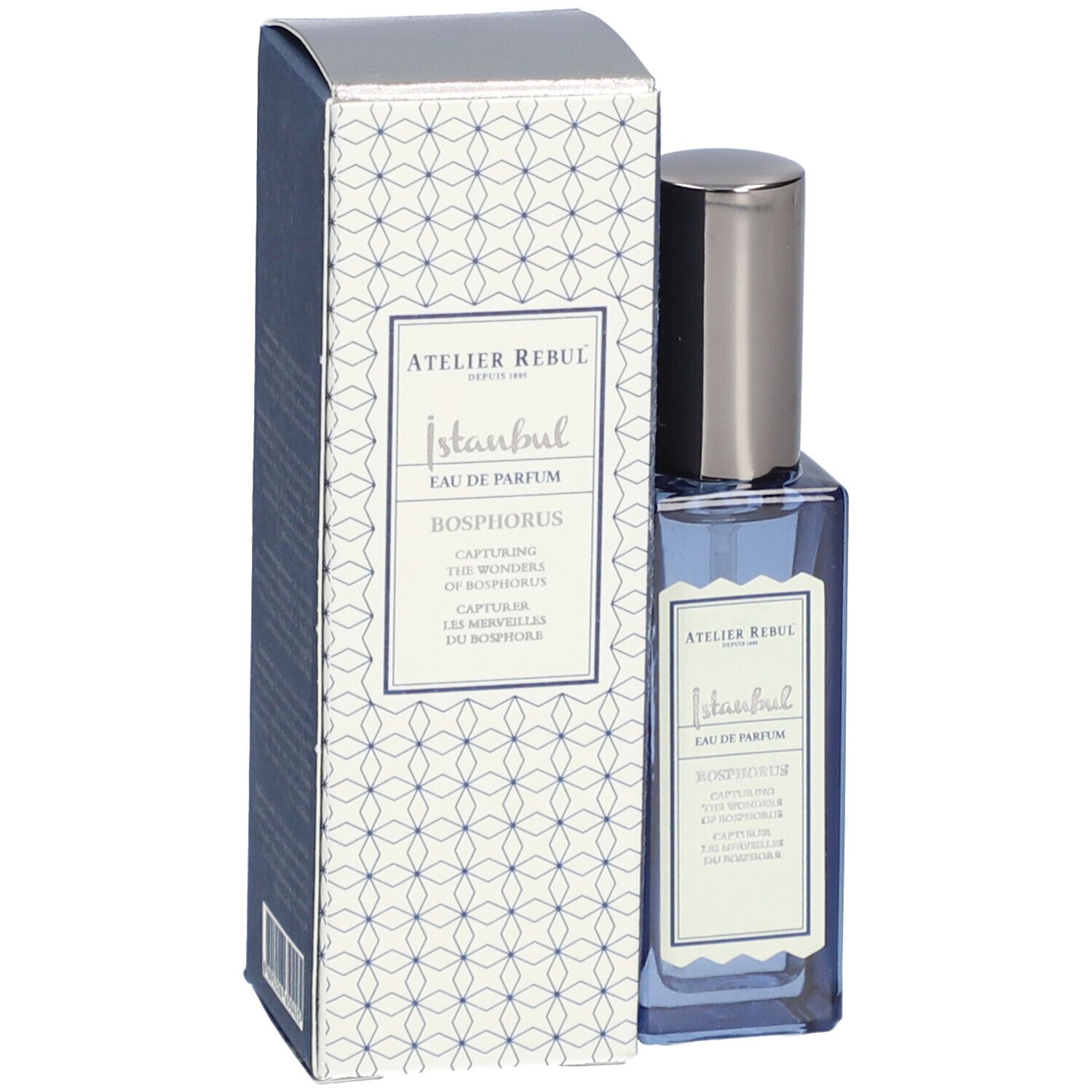 Blauw parfumflesje met zilveren dop en verpakking. Opschrift: Istanbul Bosphorus.