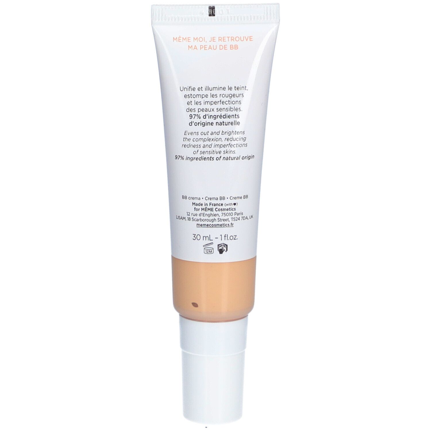 Dos du tube de crème BB. Texte multilingue. Ingrédients et informations fabricant. 30 ml.