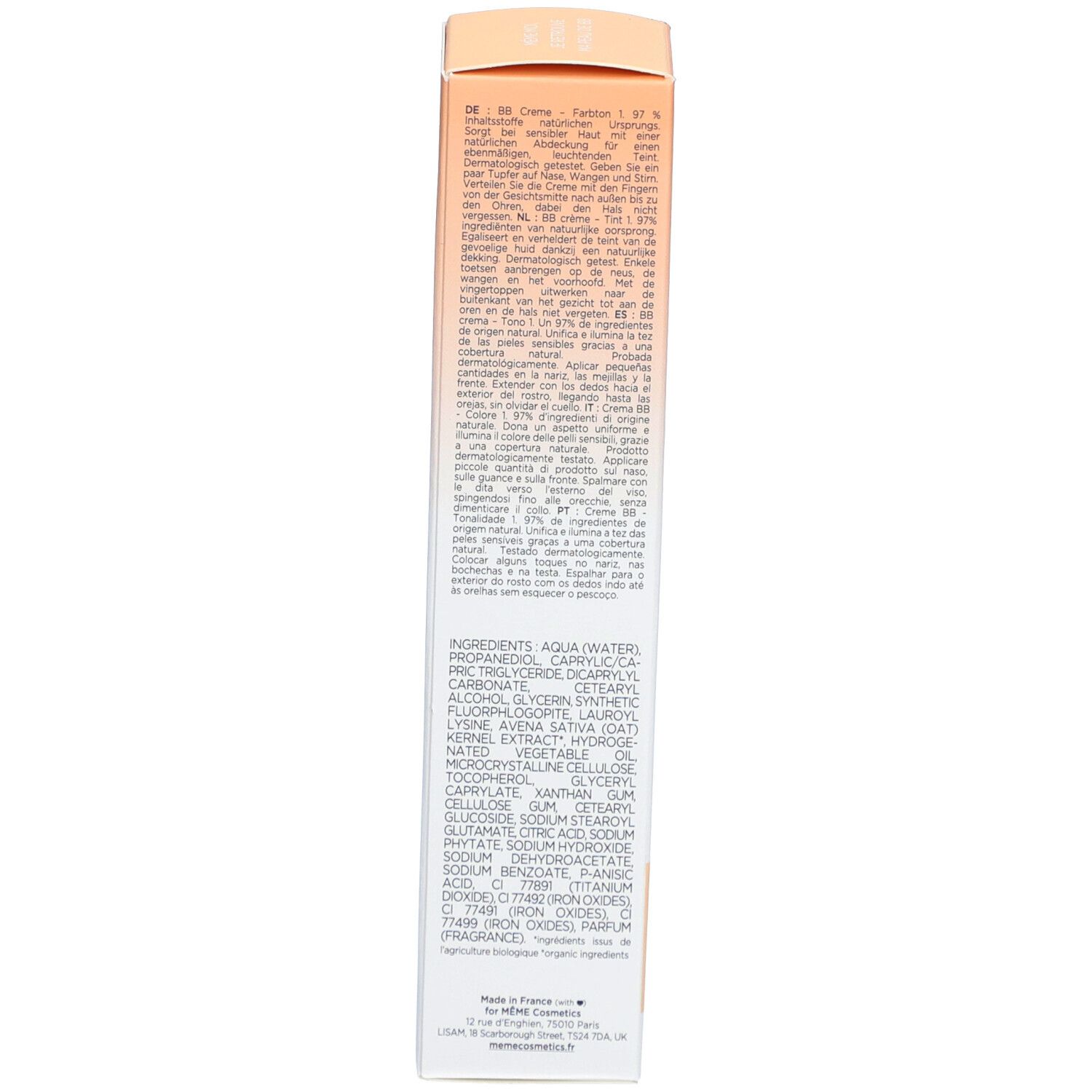 Dos de l'emballage de la crème BB. Texte multilingue. Ingrédients et informations fabricant.