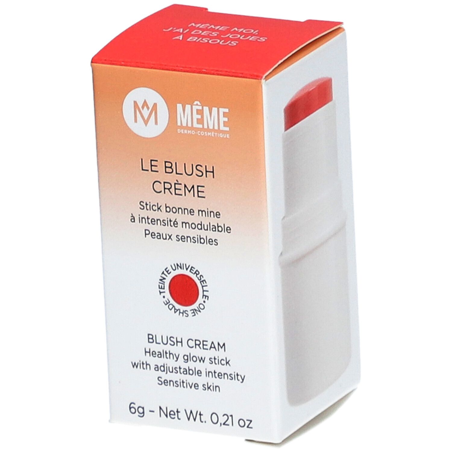 Blush-Stick in Verpackung. Weißer Behälter mit rotem Produkt. Text: Le Blush Crème, Healthy glow stick, Teinte Universelle.